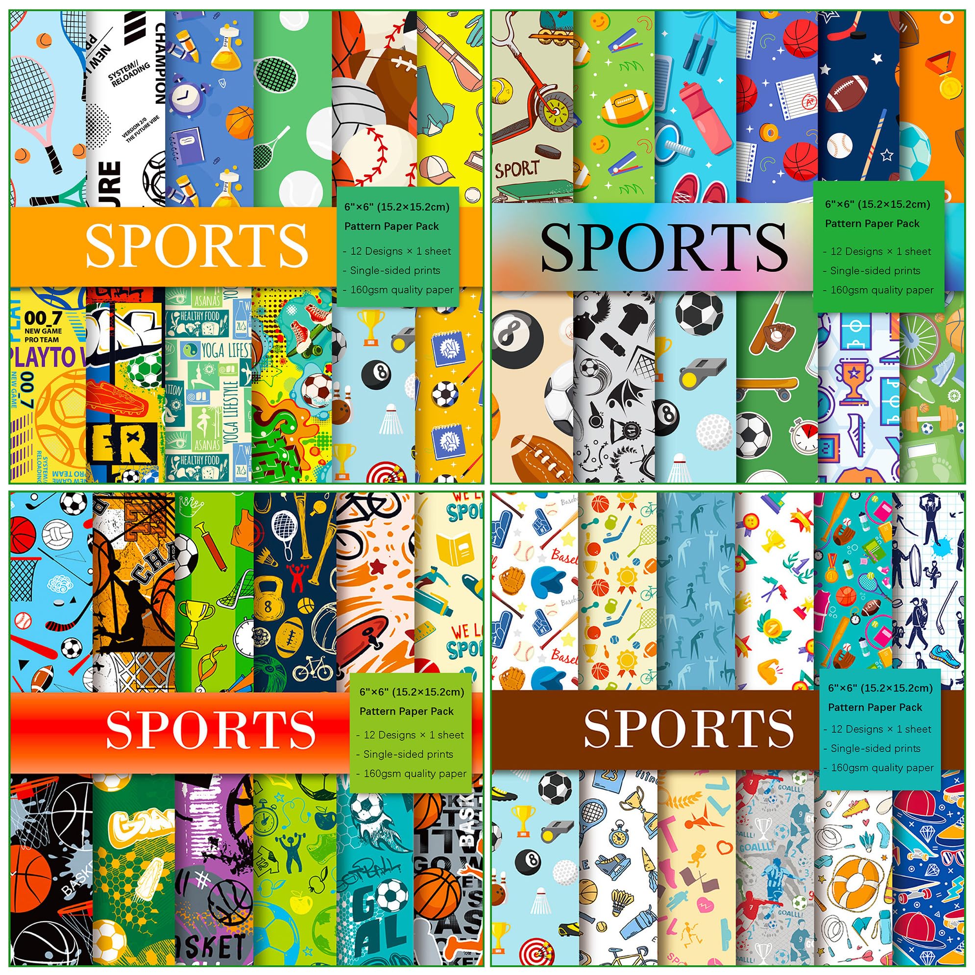 ZAKHSE Scrapbook Paper 6"x6", 48 Sheets Sports Themed Paper Pad for Cardmaking, 48 Designs, Single-sided Prints Pattern Paper Pack Decorative Craft