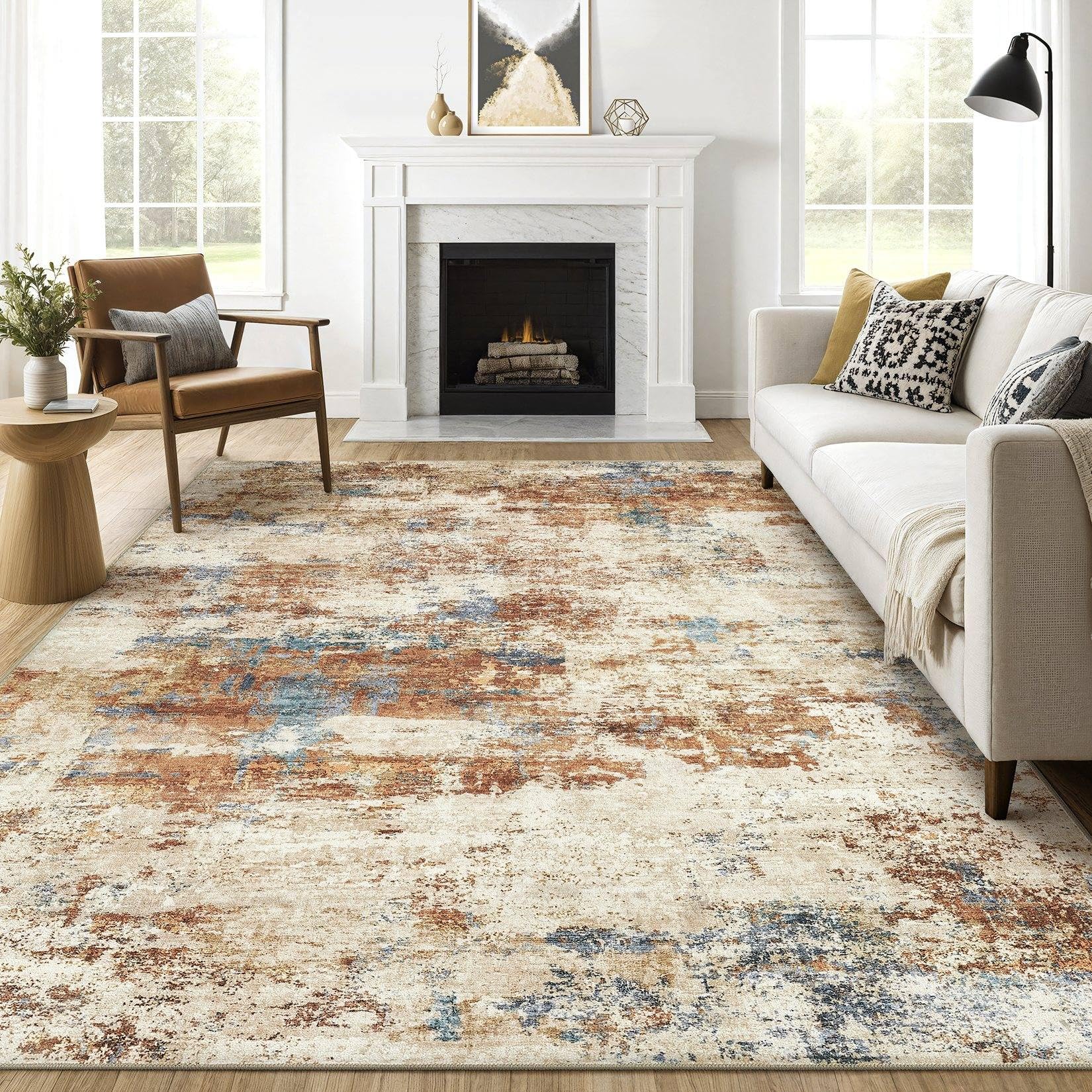 LOONGRUG 7x10 Area Rug Washable Large Neutral Modern Living Room Rugs | Abstract Soft Stain Resistant Non-Slip Indoor Carpet for Bedroom Nursery Playroom Office Dining Room- Orange Blue