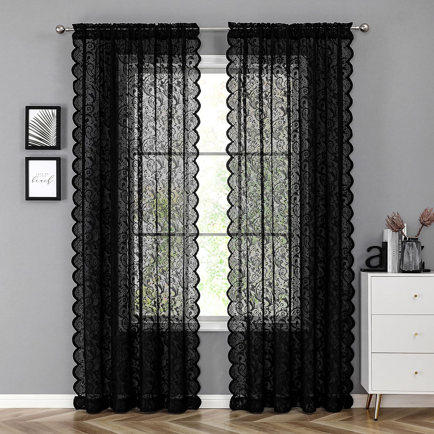 Bujasso Black Lace Sheer Curtains 108 inch Vintage Floral Sheer Window Curtain Panels for Living Room Bedroom Elegant Light Filtering Black Drapes Window Treatment Set Rod Pocket 2 Panels 54" Wx108 L