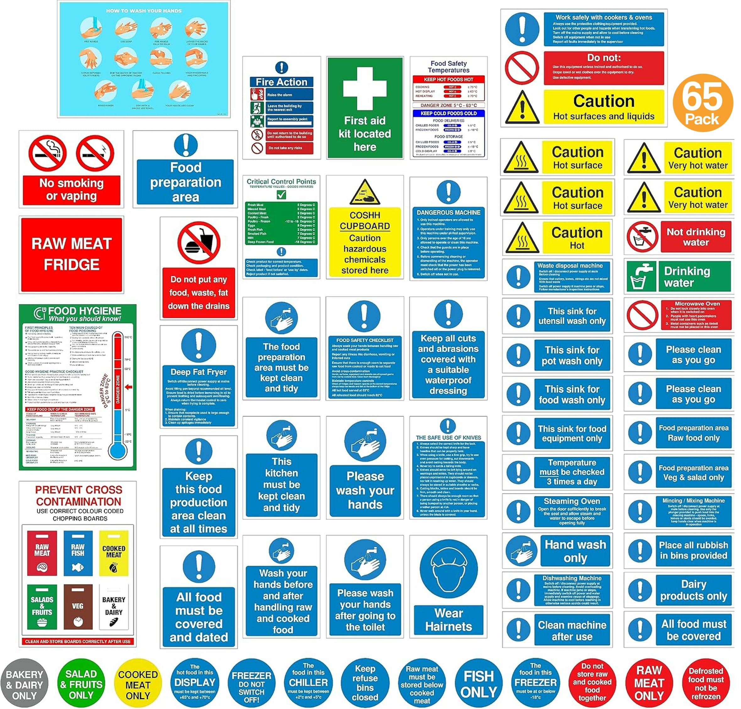 Complete Kitchen Safety Signs Set – 65 Self Adhesive Waterproof & Heat-Resistant Stickers – ISO 7010 Compliant – Commercial Kitchen Use – Food Hygiene, Allergy, Fire Action – Bold & Clear (65)