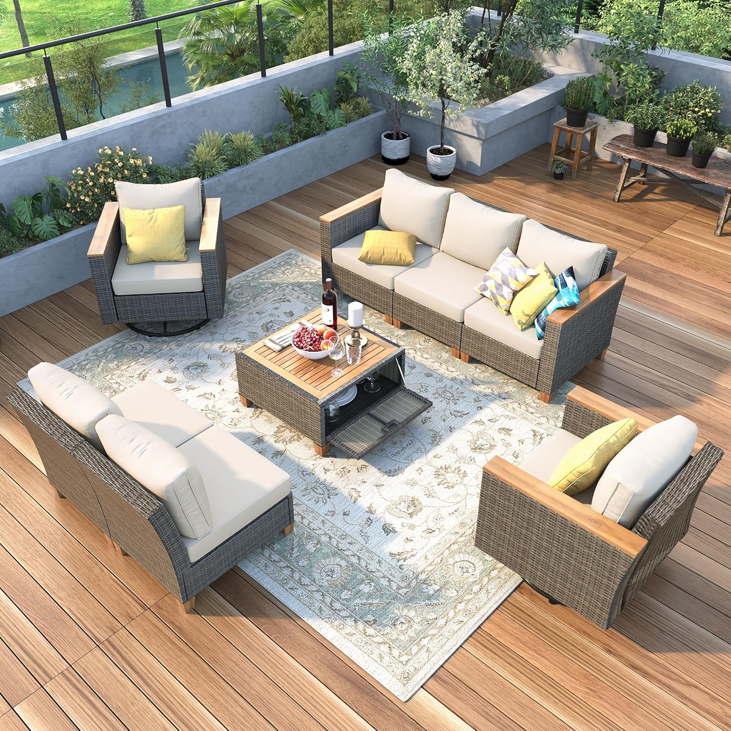 Merax 8 Piece Wicker Outdoor Patio Furniture Set with Thick Cushion, Rattan Patio Swivel Rocking Chairs Set of 2 with Acacia Storage Table, Wicker Conversation Set for Outdoor Couch, Backyard, Beige