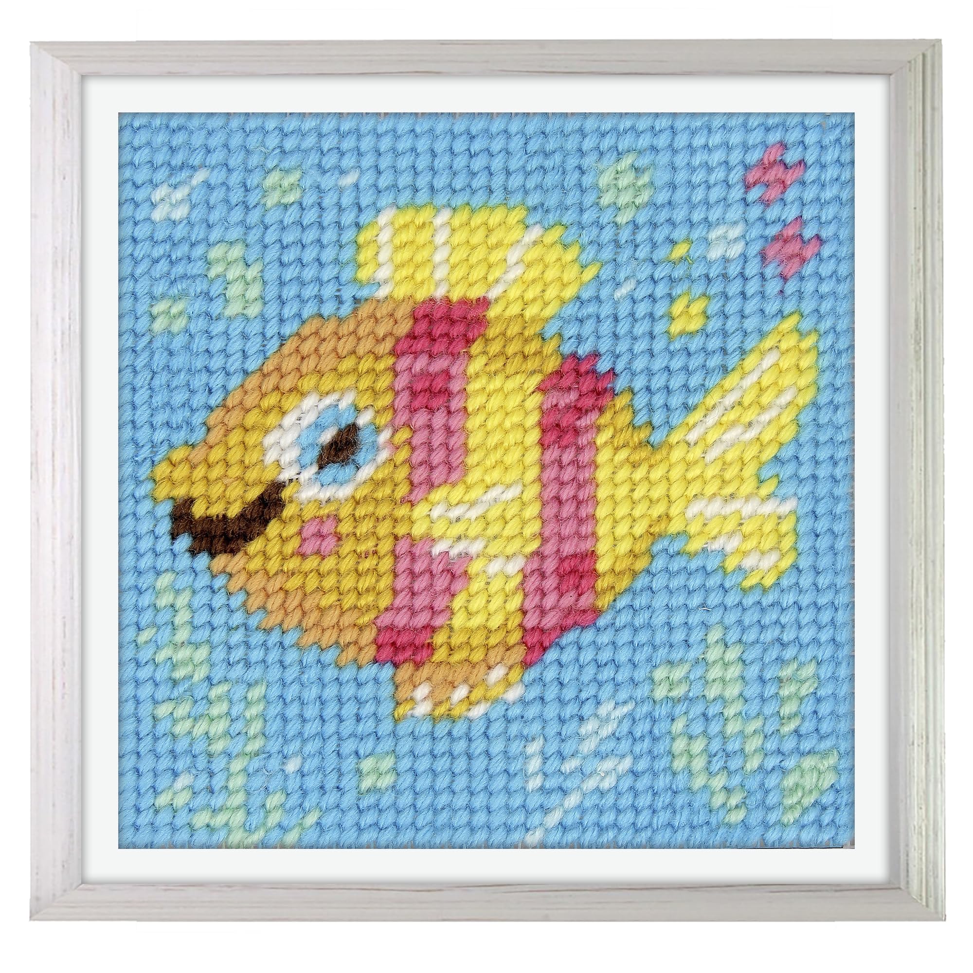 Trimits Fish Half Stitch/Tapestry Kit With Printed Canvas (17 X 17Cm), Acrylic Yarns, Plastic Needle, Colour-Coded Chart And Instructions - Cross Stitch Craft Activity For Beginners