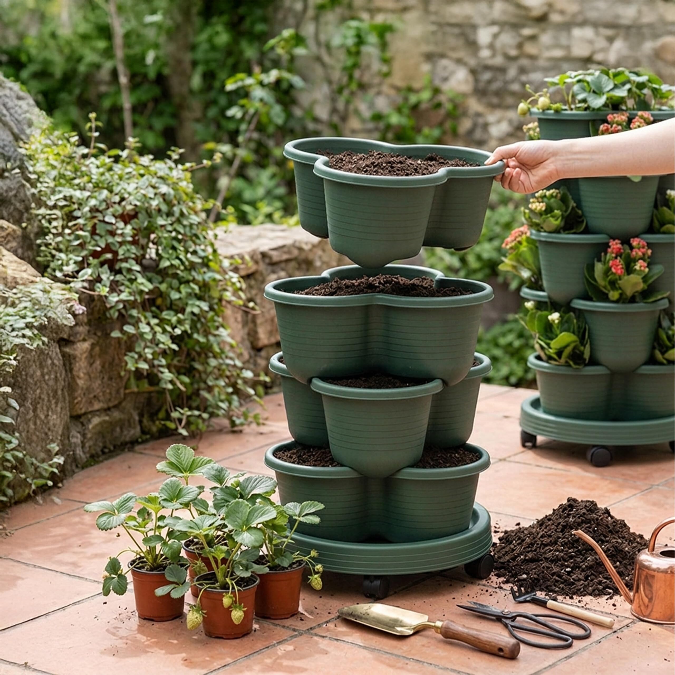 Relaxdays Torre para Plantas jardín Vertical apilable con Ruedas 66x33 cm Torre de Fresas 5 Niveles PP Verde