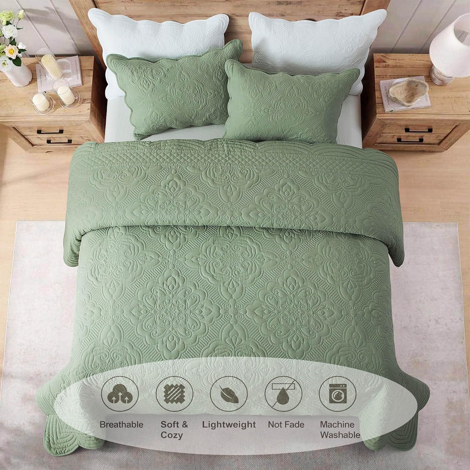 meadow park Embroidered Bedspread Set King Size - 3 Pieces, Washed Lightweight Coverlet with Scallop Edges, Reversible Bed Cover All Season Quilts-Sage Green