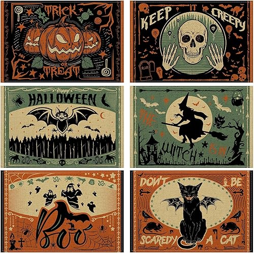 Umigy 6 manteles individuales de Halloween de 12 x 18 pulgadas, manteles individuales góticos de murciélagos, decoración de cocina, manteles
