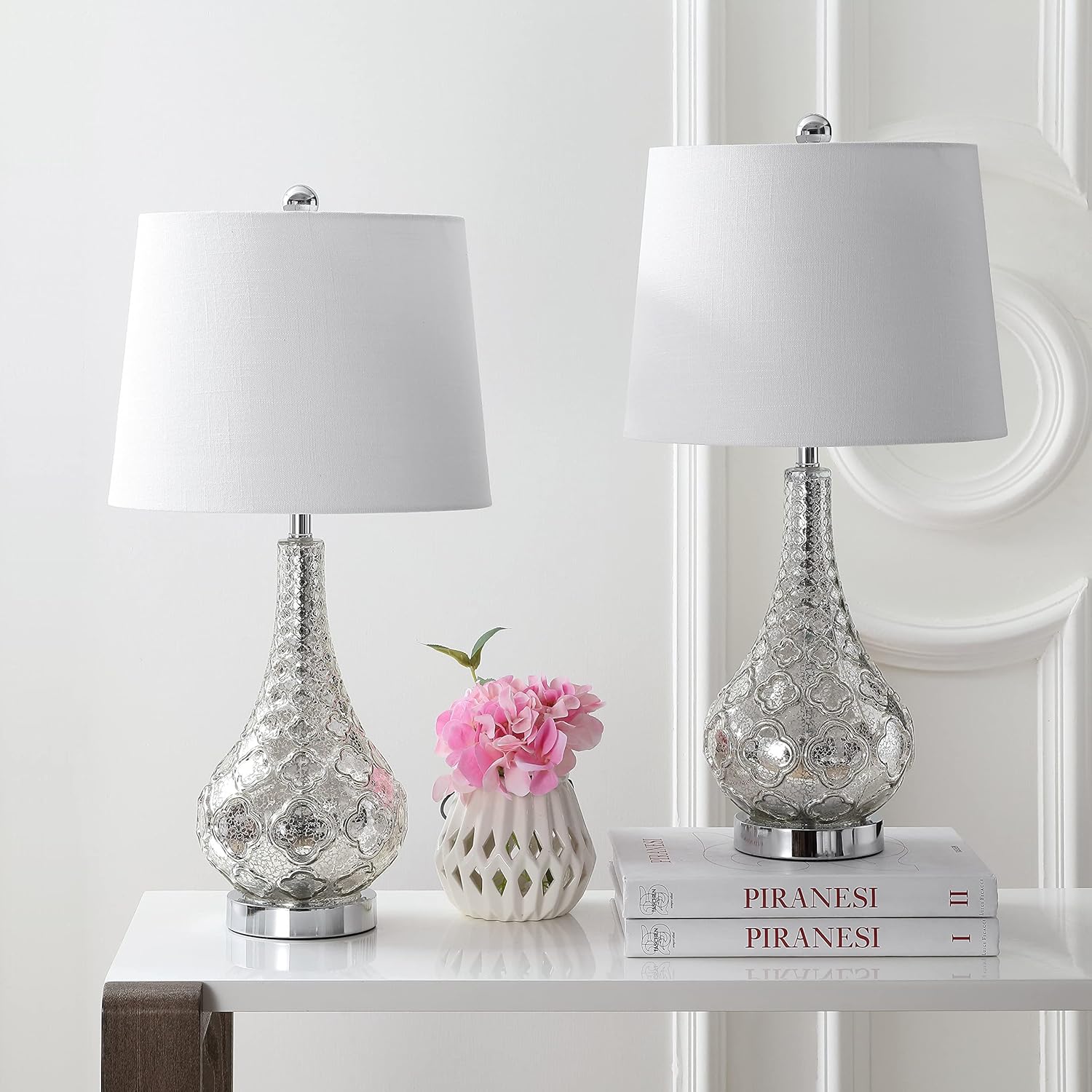 25.5" Glass Led Table Lamp Mercury Silver (Set of 2) Bohemian Eclectic Glam Nautical Coastal Chrome Bulbs Included