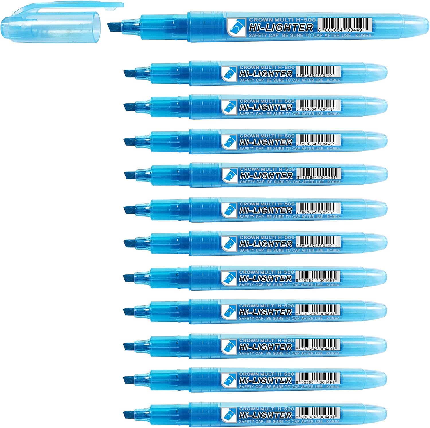 CROWN H-500 Highlighter Pens Chisel Tip Slim Highlighters - Pack Of 12 - With Bright Fluorescent Ink - Blue
