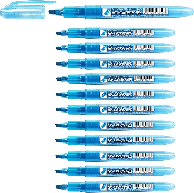 CROWN H-500 Highlighter Pens Chisel Tip Slim Highlighters - Pack Of 12 - With Bright Fluorescent Ink - Blue
