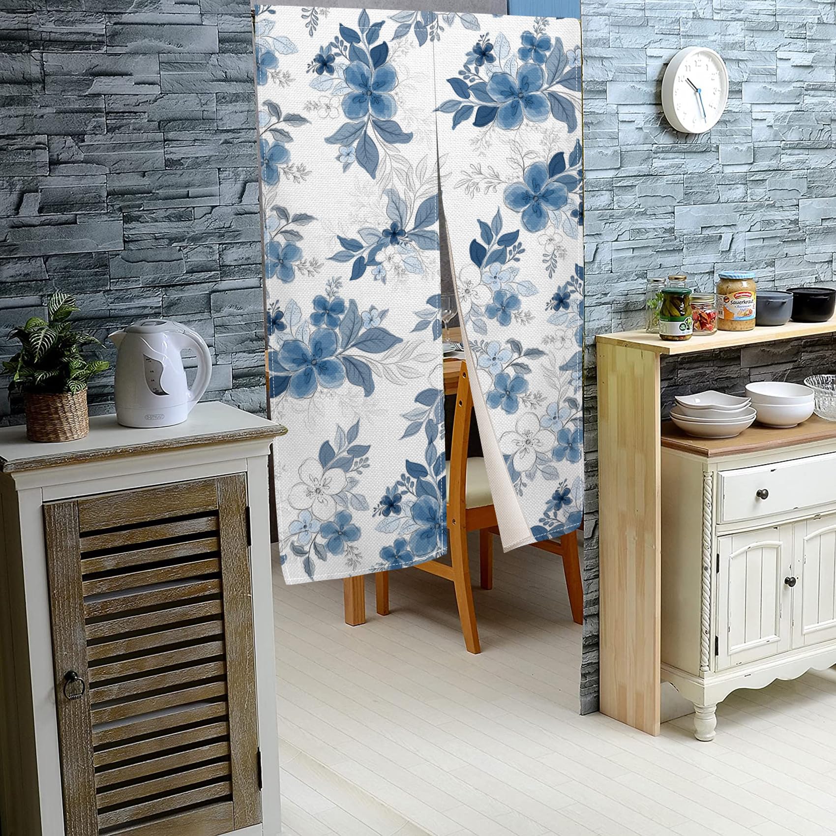 Sillsloso Blue Floral Noren Curtain Elegant Watercolor Blooming Flower Leaves Plant Vintage Style Doorway Curtains for Kitchen, Bedroom, Dining Room Decoration 33.5"x 59"