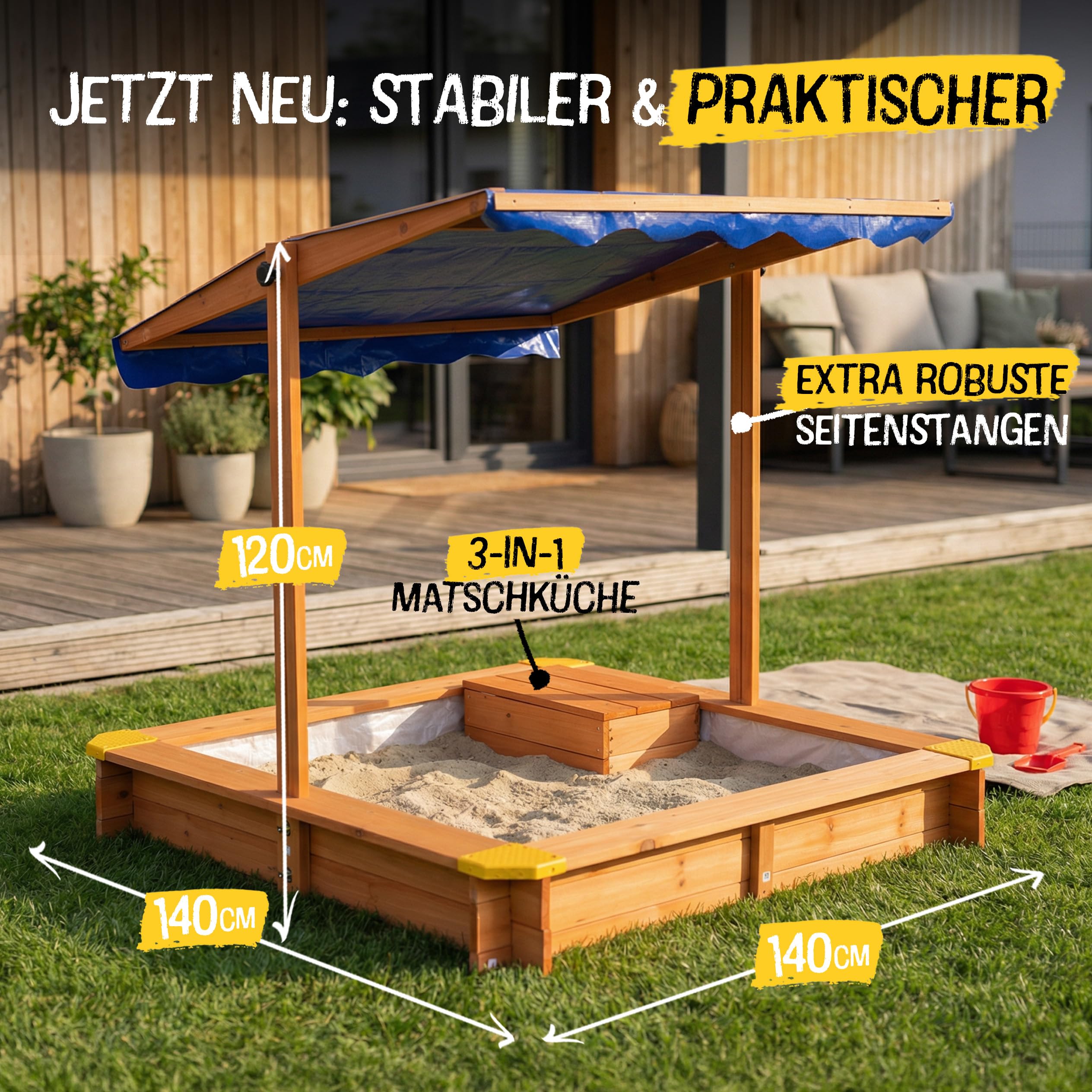 FRIEDO - Sandkasten mit Dach (UV80+) & Matschküche 140x140 cm - Sandkiste inklusive Bodenvlies gegen Unkraut und Ungeziefer - Sandkasten mit Abdeckung für Kinder (L - 140x140cm)