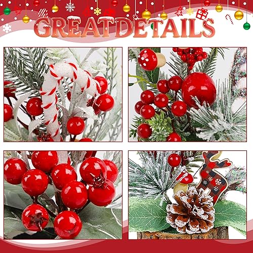 Miniatura 5 de Lulu Home 3 paquetes de decoraciones de mesa de Navidad, mini centros de mesa artificiales de árboles de Navidad con bayas rojas y piñas para mesa