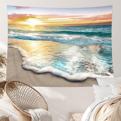 Riyidecor Tapiz costero de playa, océano, atardecer, amanecer, para dormitorio, decoración de pared extra grande, 71 pulgadas de alto x 91 pulgadas