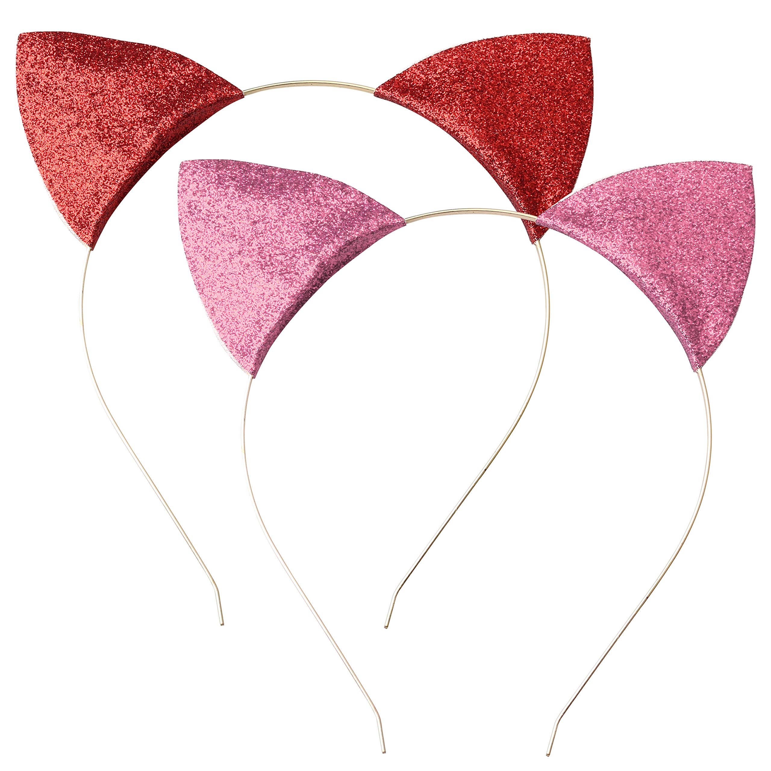 kuou 2 Pieces Cat Ears Headbands, Glitter Kitty Hair Hoops for Halloween Cosplay (Pink and Red)