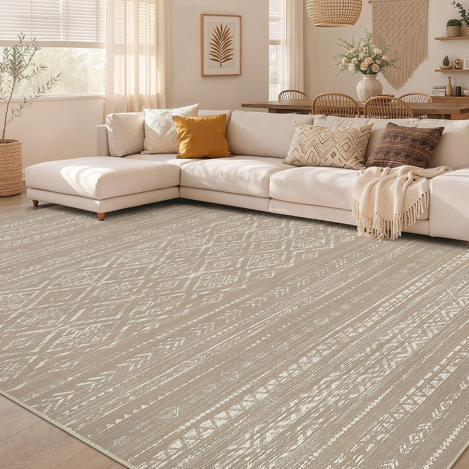 Nakagishi Area Rug Living Room Rugs: 5x7 Large Soft Machine Washable Boho Moroccan FarmNeutral Stain Resistant Indoor Floor Carpet for Bedroom Under Dining Table Home Office Decor-Dark Brown