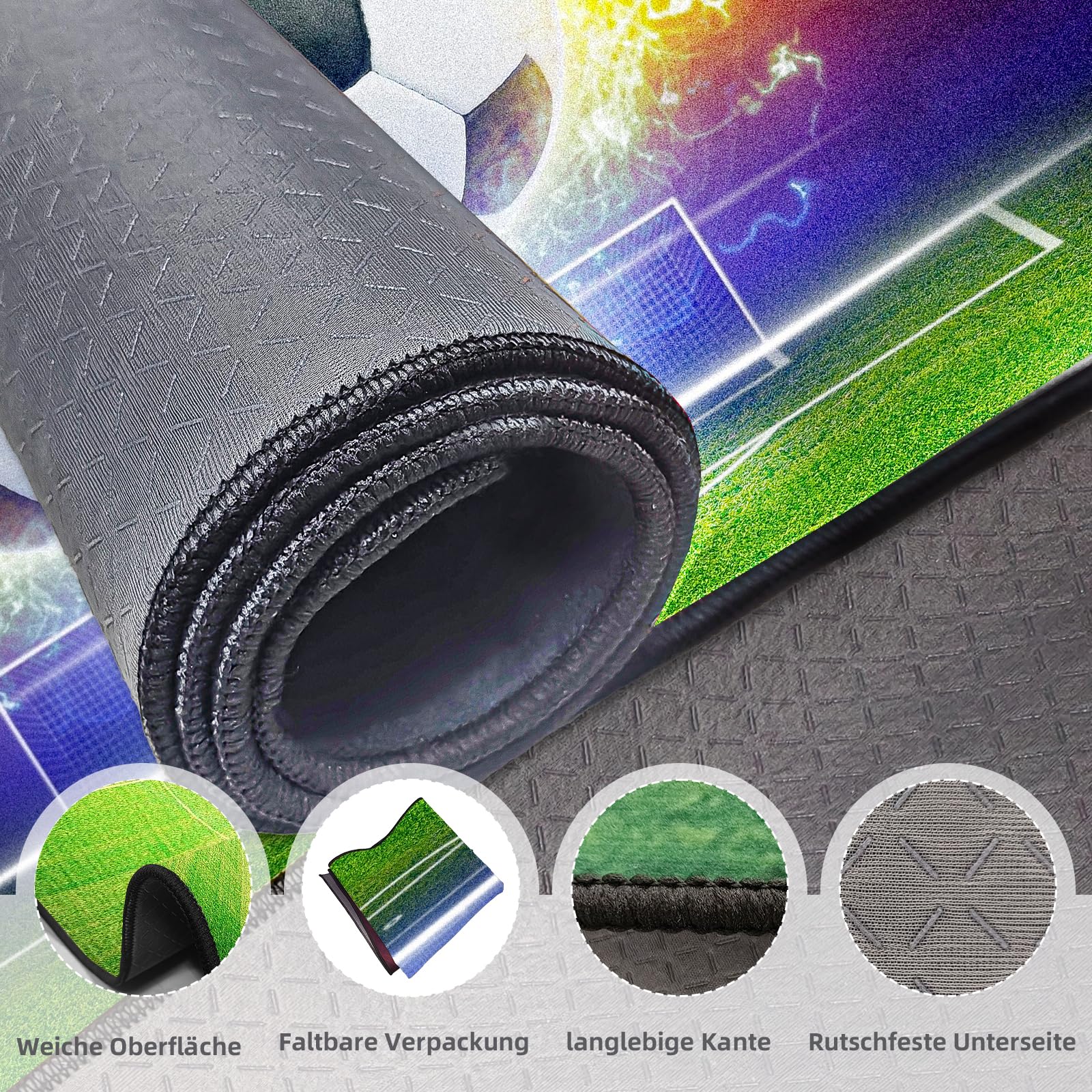 Tappeto da Calcio, Tappeto Antiscivolo per Area Sportiva, Tappeto da Campo da Calcio con Stampa di Fuoco Ghiacciato, Tappeto di Grandi Dimensioni con Stampa 3D Calcio con Fiamme, Tappeto per