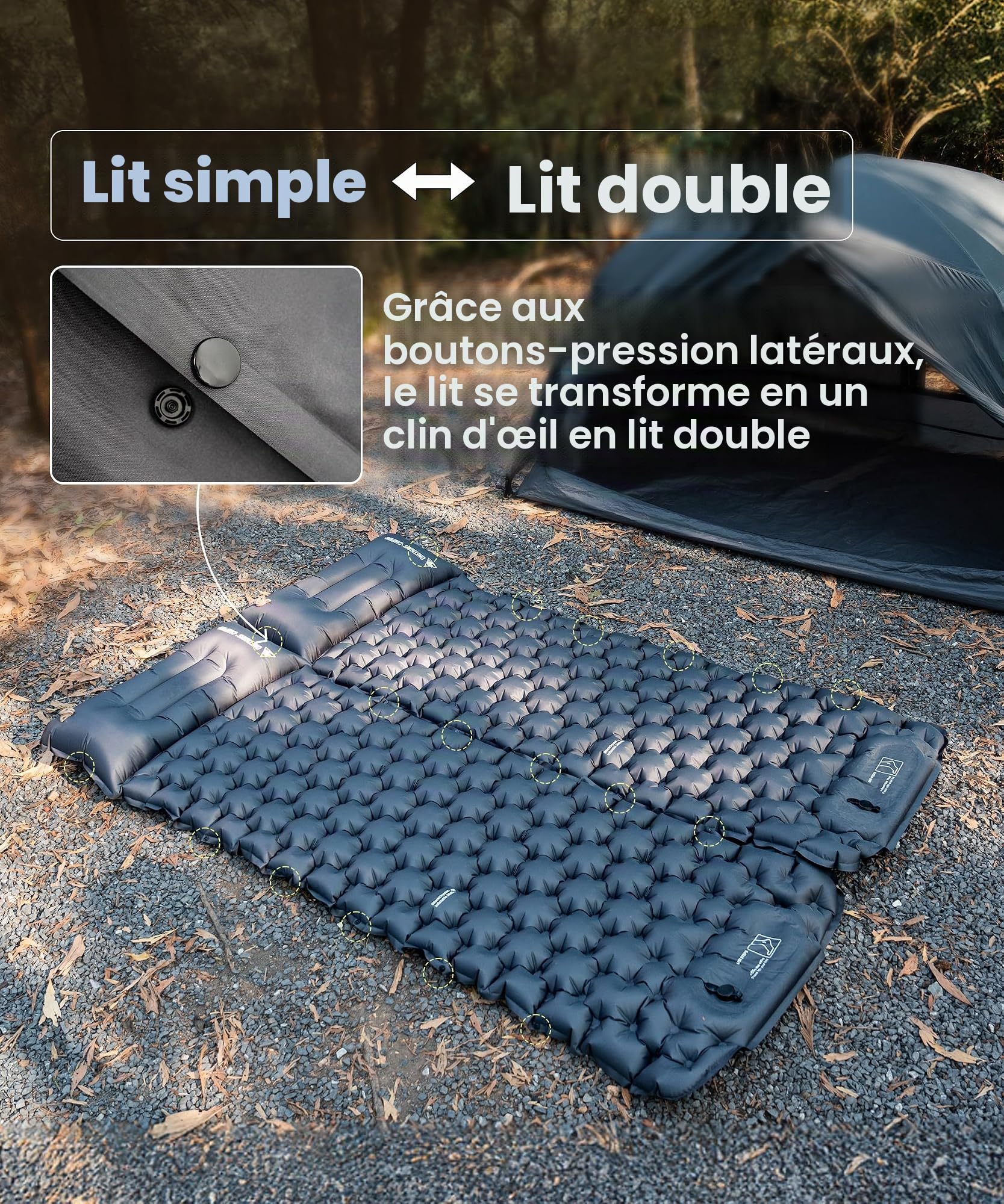 OneTigris BLACKCRYSTAL Matelas isolant autogonflant ultra léger, oreiller et matelas gonflable compact pour tente, camping, tourisme et randonnée
