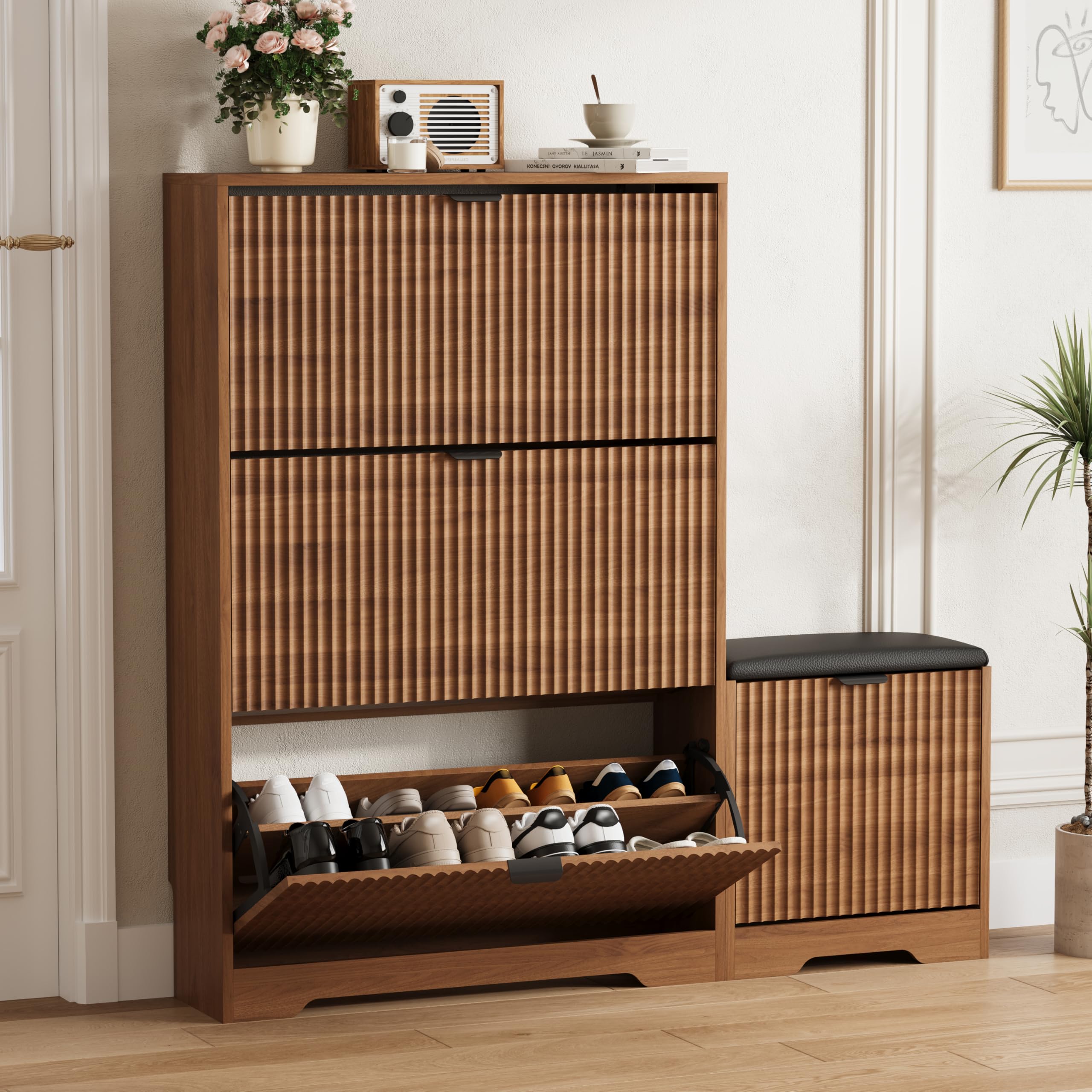 HUANLEGO Shoe Cabinet Storage for Entryway with 4 Flip Drawers, Walnut Fluted Shoe Cabinet with Bench, Wooden Hidden Shoe Rack Freestanding Narrow Slim Shoes Storage Organizer for Hallway, Entrance