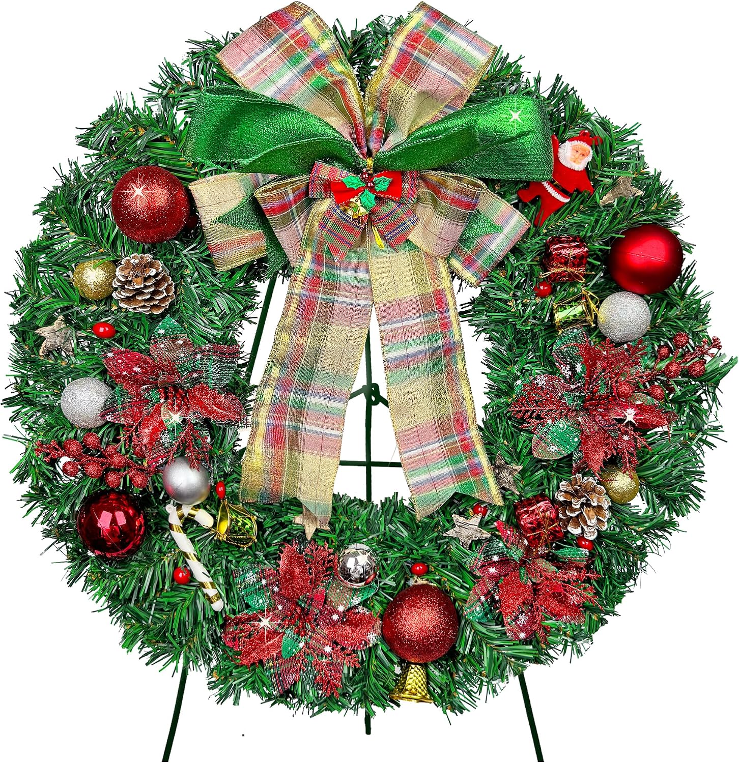 Christmas Cemetery Flower Wreath for Grave, Poinsettias Wreath with 30 Inch Easeal Stand，Extra-Large Bow Decoration，Colorfast and Easy Fit