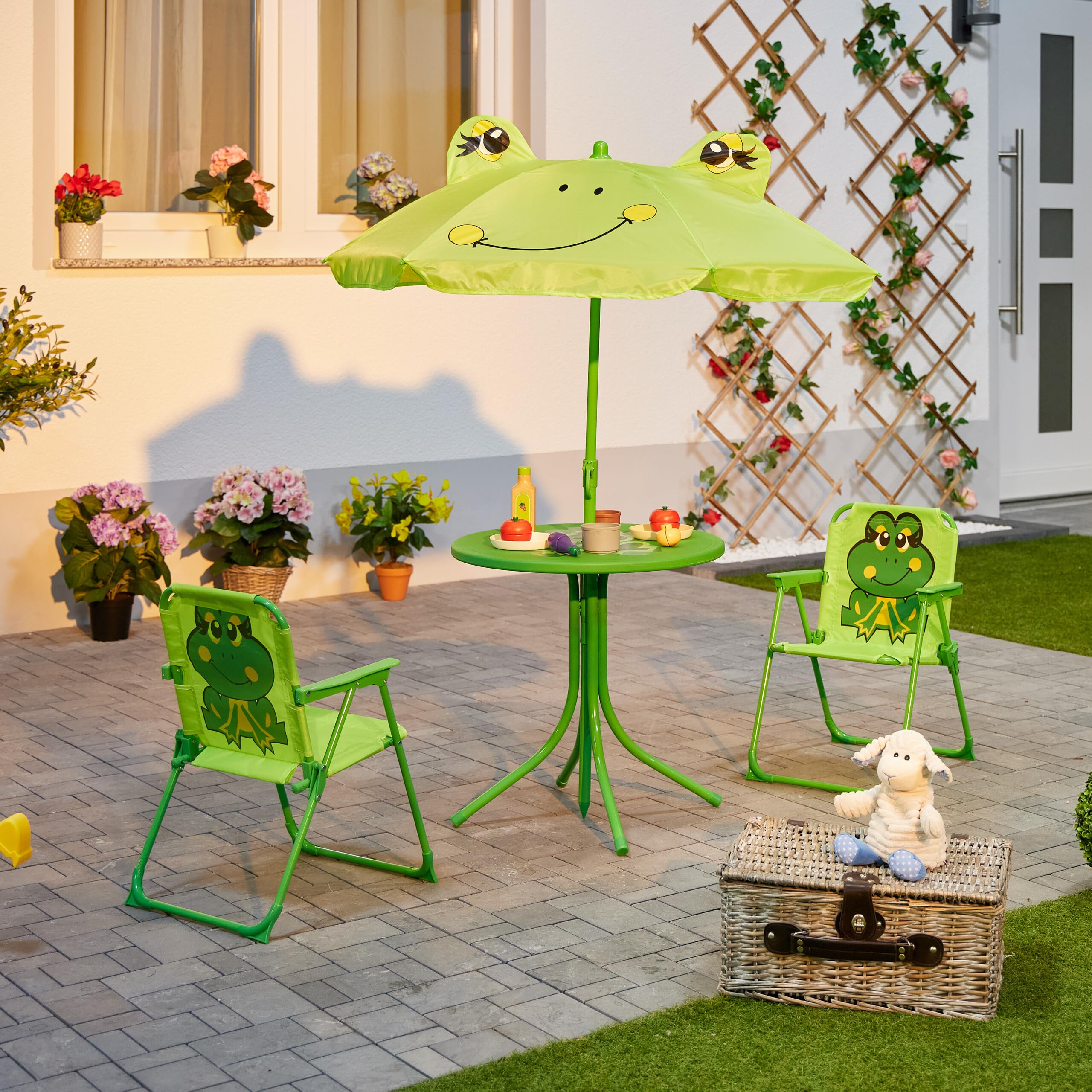 Relaxdays Tavolo Bambini con Ombrellone, Set 2 con Sedie, da Campeggio e Giardino, Tavolino Picnic, Design Rana, Verde