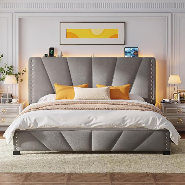 EnHomee King Size Bed Frame Velvet King Bed Frame and Headboard with Charging Station Led Light Platform Bed