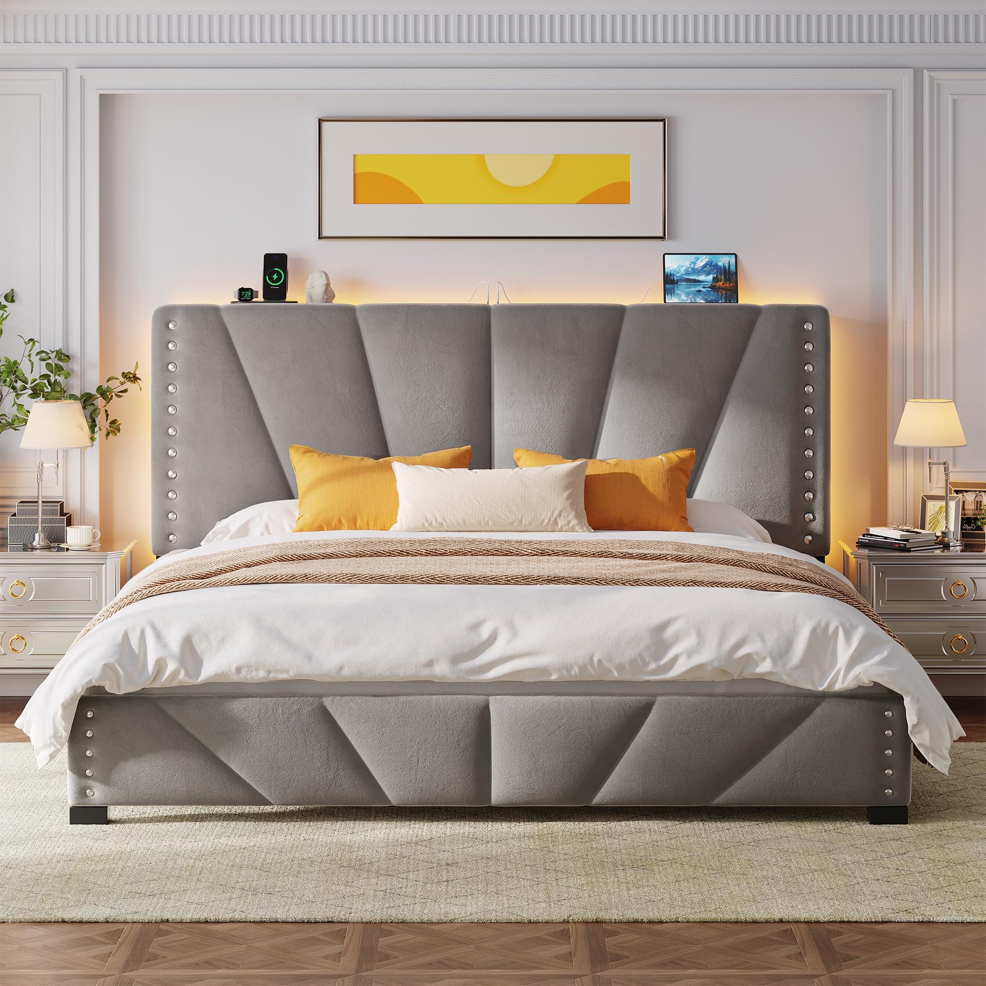 EnHomee King Size Bed Frame Velvet King Bed Frame and Headboard with Charging Station Led Light Platform Bed