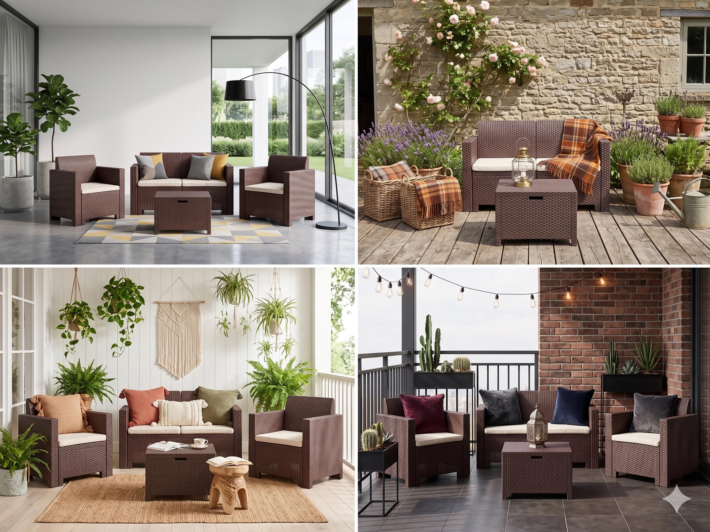 BERARDI Salon de jardin en polypropylène rotin, marron, 4 places, avec coussins, canapé, 2 fauteuils et table basse de rangement
