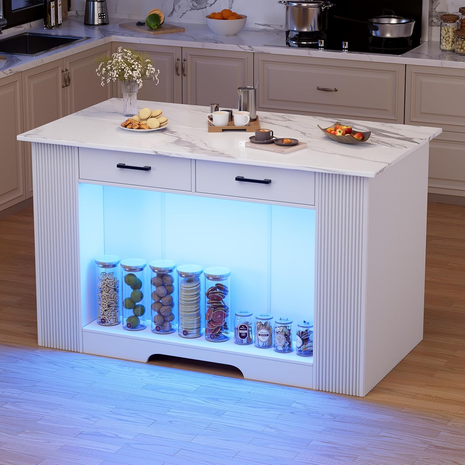 PAKASEPT 55" Large Imitation Marble Kitchen Island with LED Lights, Fluted Island Table with Storage, Modern Dining Table for Dining Room, Living Room, Home Bar, White