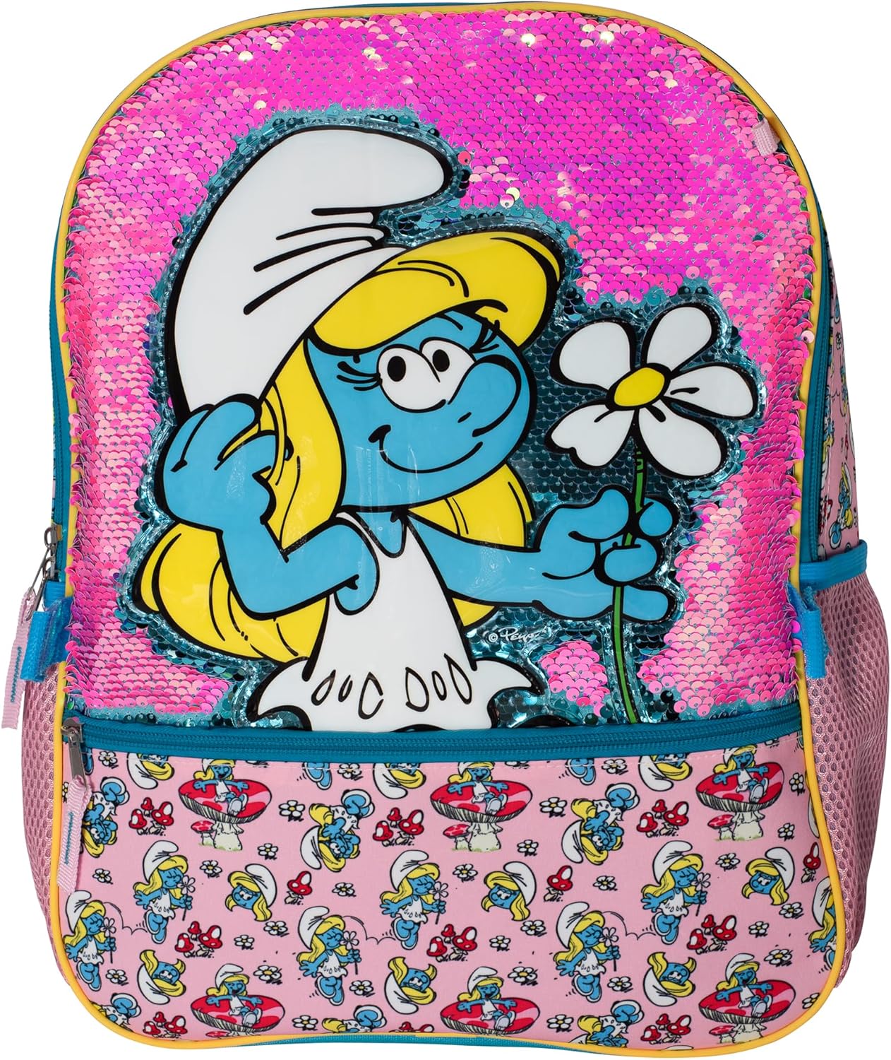 AI ACCESSORY INNOVATIONS Smurfs 5 Piece Backpack Set, Smurfette Flip Sequin Girls School Bag with Front Zip Pocket, 2 Side Mesh Pockets, Pink & Blue - Image 4