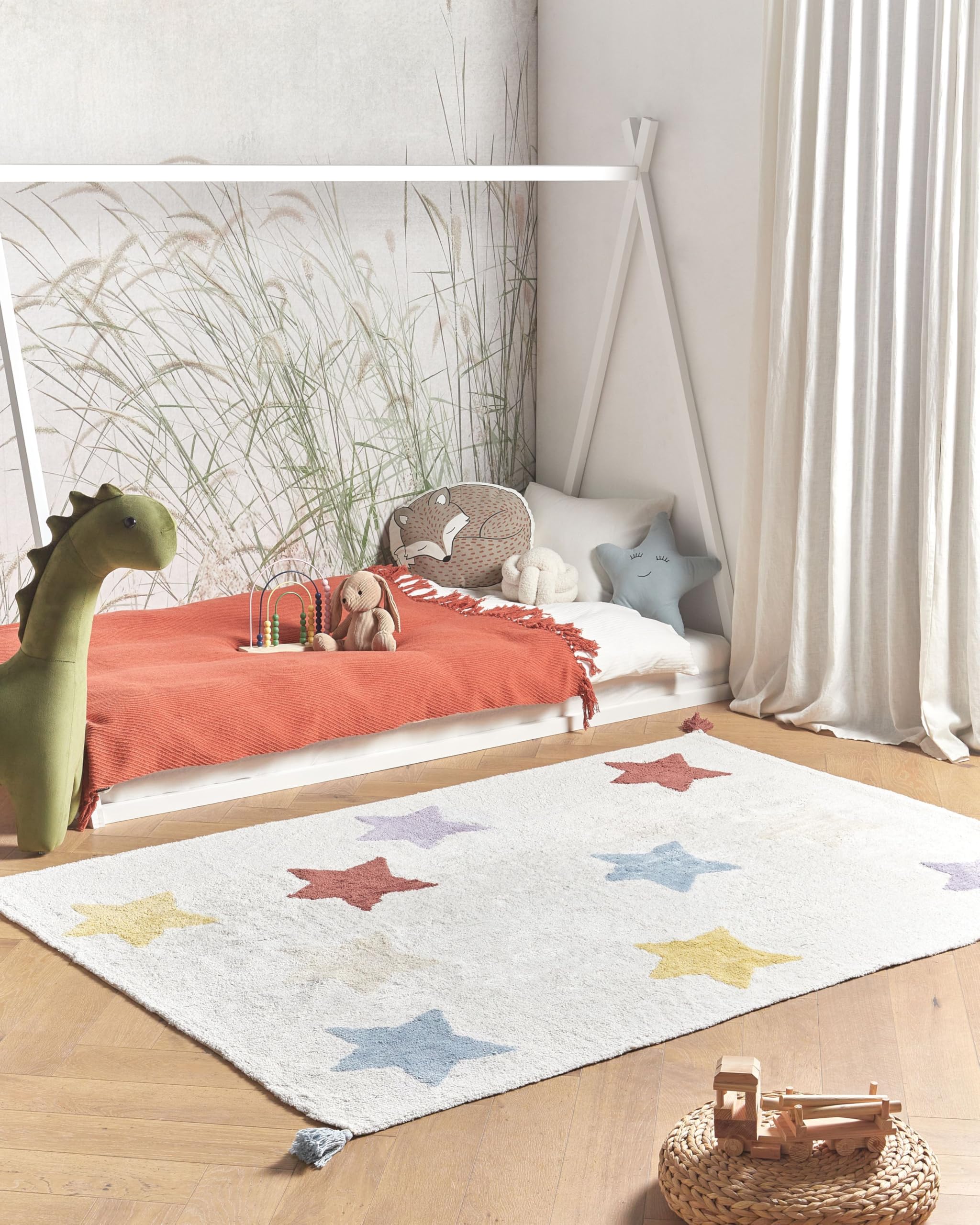 Beliani Alfombra Infantil algodón Estampado Estrellas con borlas 140 x 200 cm Tejida a Mano Multicolor Merevi