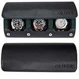 DailyWatch &vert; Personalized Watch Roll Travel Case For 3 Watches - Handmade Genuine Leather Travel Case With Custom Engraving of Name or Initials - Black Green