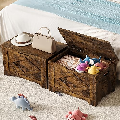 Miniatura 50 de GAOMON Baúl de almacenamiento, baúl de almacenamiento de madera con marco de metal, banco de zapatos de entrada con cojín, organizador de Marrón