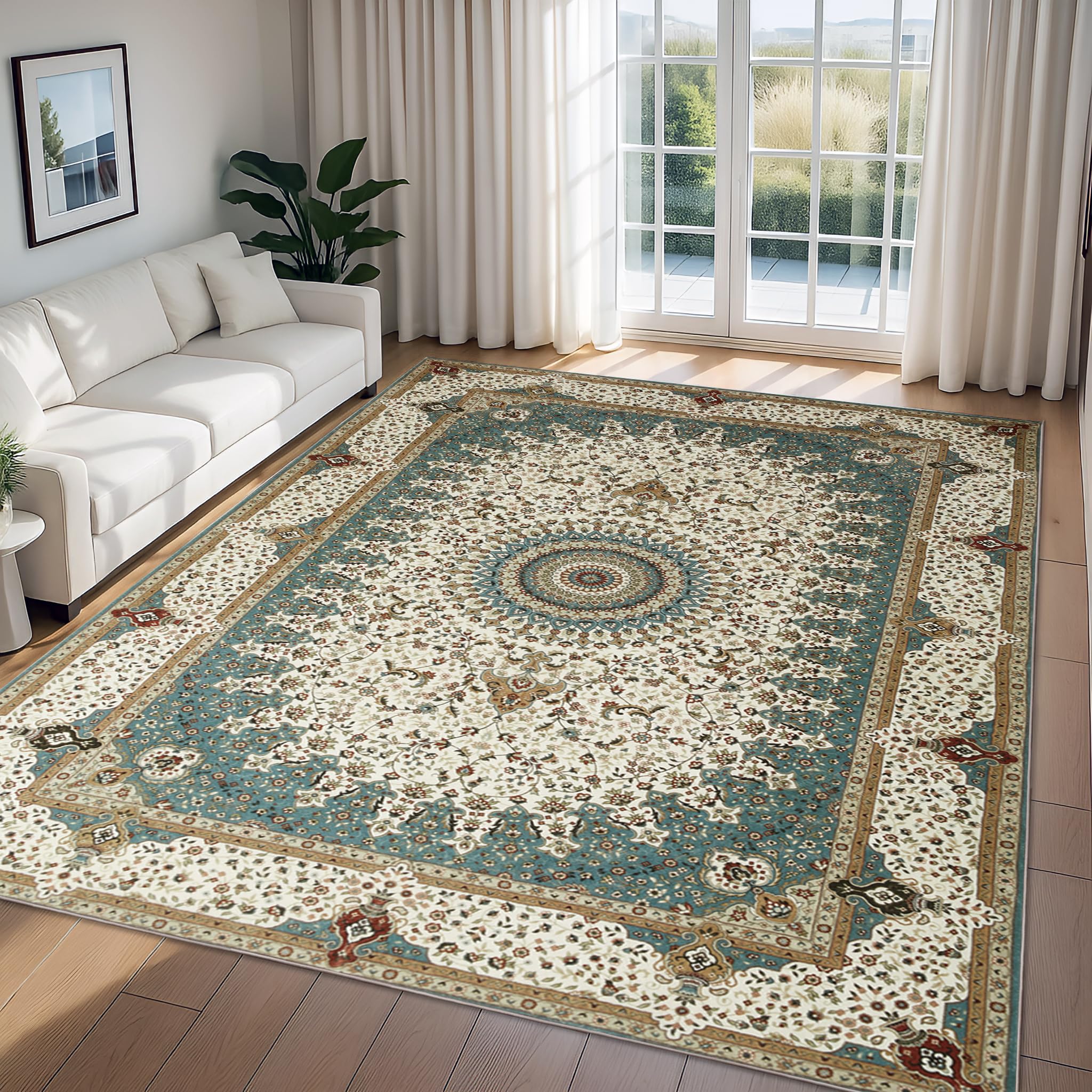 Imperial Rooms Machine Washable Rugs Living Room 120 x 170 cm – Soft Short Pile Large Green Area Rugs For Bedroom Non Slip Carpet Bedside Rug Traditional Design Vintage Boho Cashmere Rug, Willow — image 1