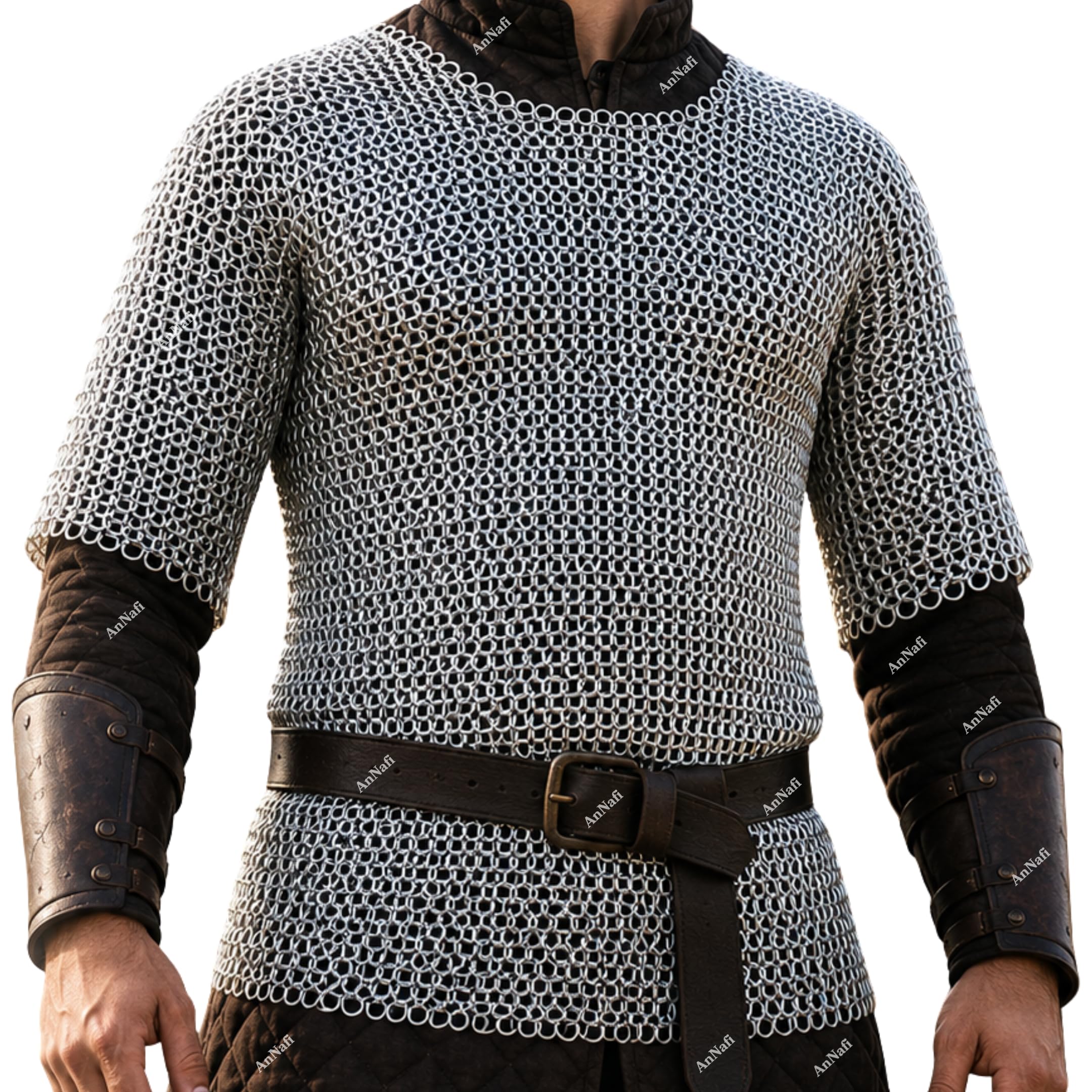AnNafi® Chainmail Shirt Half Sleeves | Aluminium Butted Chainmail 10MM Rings Silver | Medieval Costume Adult | Armor SCA, Silver, XL