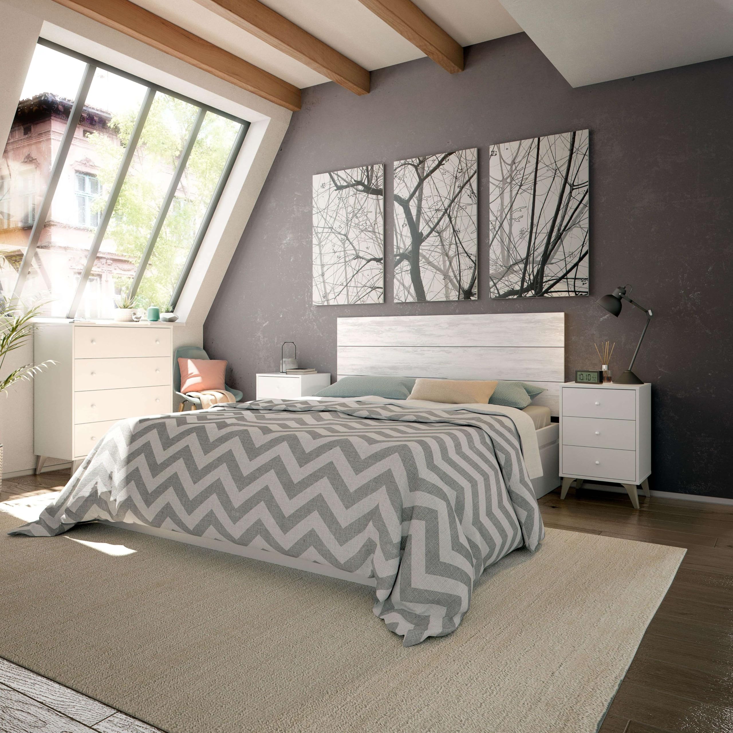 Habitdesign – Mesita de Noche con 3 Cajones y Patas, Color Blanco Artik, 56x40x33,5 cm – Modelo Sweet