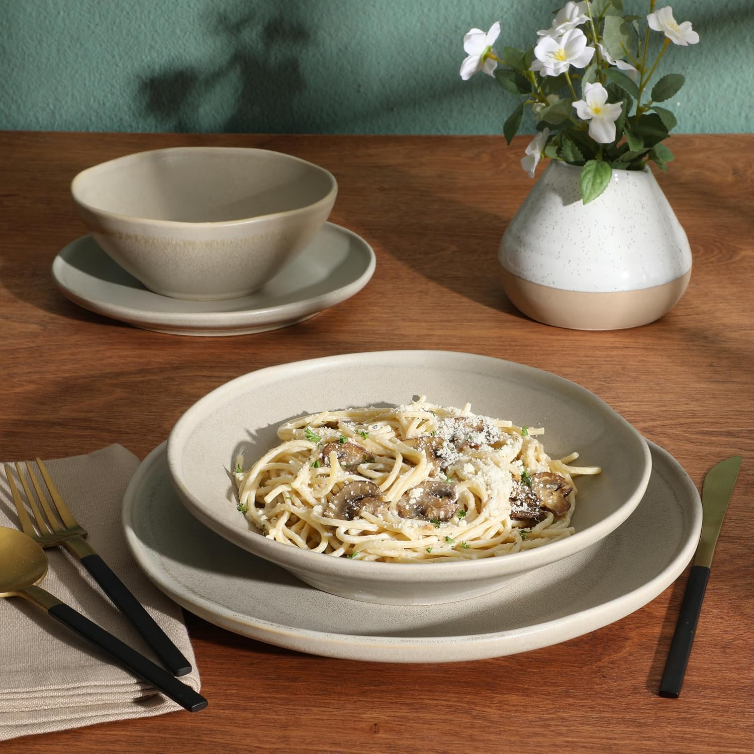 Gibson Elite Island Cove 16 Piece (Service for 4) Plates and Bowls Reactive Glaze Organic Round Dishes Stoneware Ceramic Dinnerware Set -Light Grey - Image 4