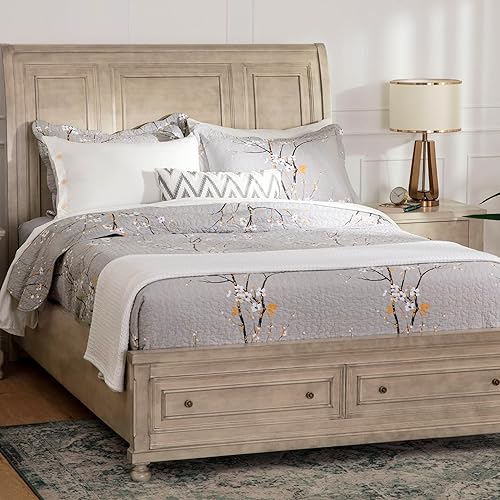 Miniatura 6 de Bedsure Juego de edredón floral de 100% algodón tamaño King, juego de ropa de cama reversible, 3 piezas de flores de ciruelo, juego de colcha