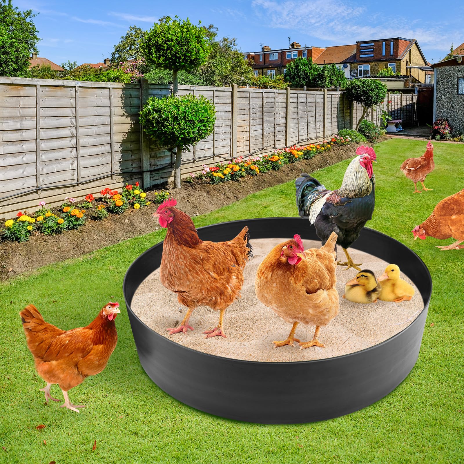 Bañera de polvo de pollo, 40 pulgadas de profundidad x 5.9 pulgadas de alto, diseño sin fondo, material de polietileno, baño de polvo ajustable para pollos, recipiente limpiador de gallineros,