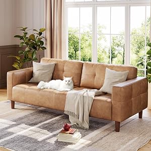 Canapé 3 places en faux cuir de 83 po – Canapé moderne à assise profonde pour salon avec coussin à ressort et 2 coussins de dos amovibles, idéal pour appartements, bureaux et chambres, orange