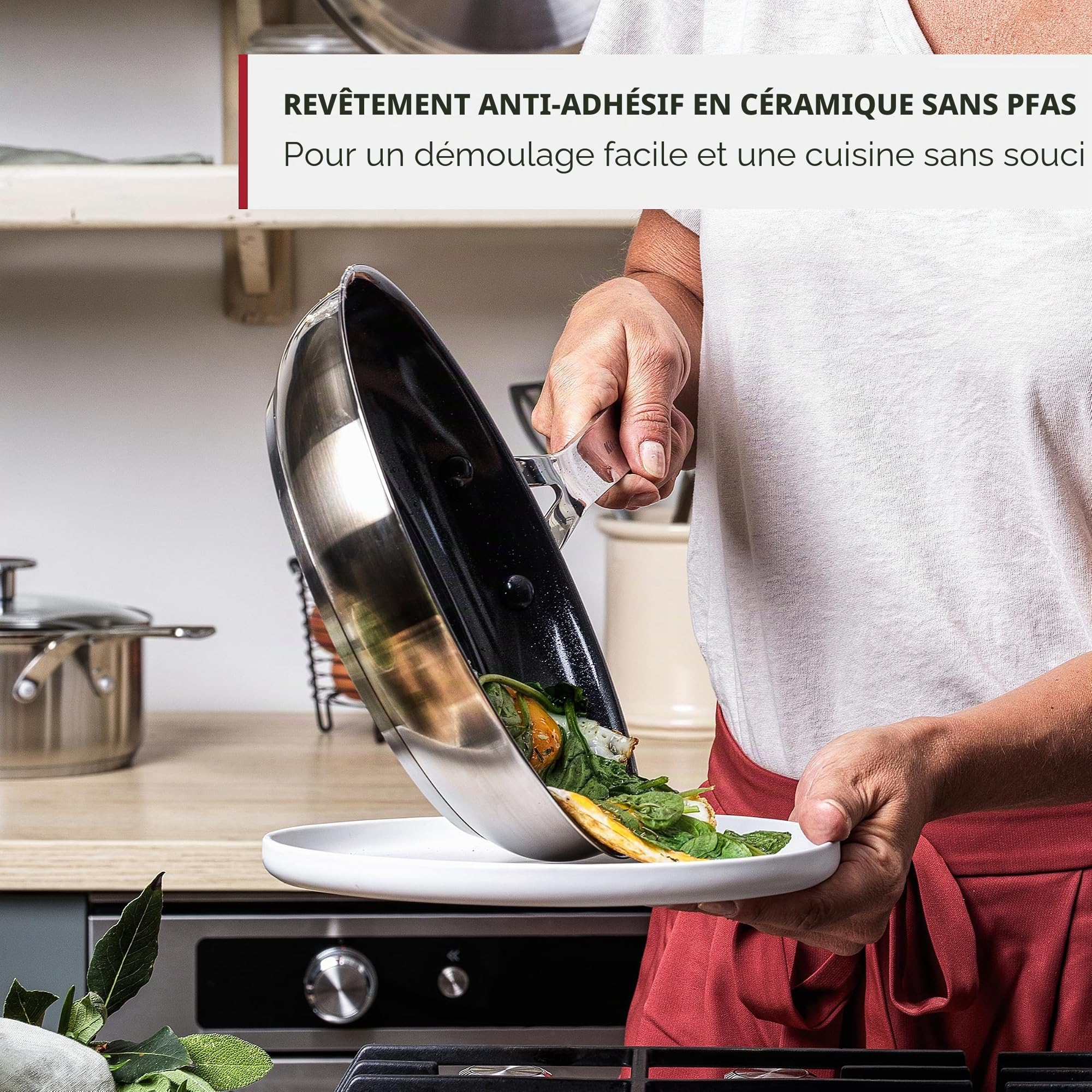 KitchenAid Stainless Steel Wok en acier inoxydable antiadhésif en céramique sans PFAS de 28 cm/3,6 litres, pour induction, four et lave-vaisselle, argenté
