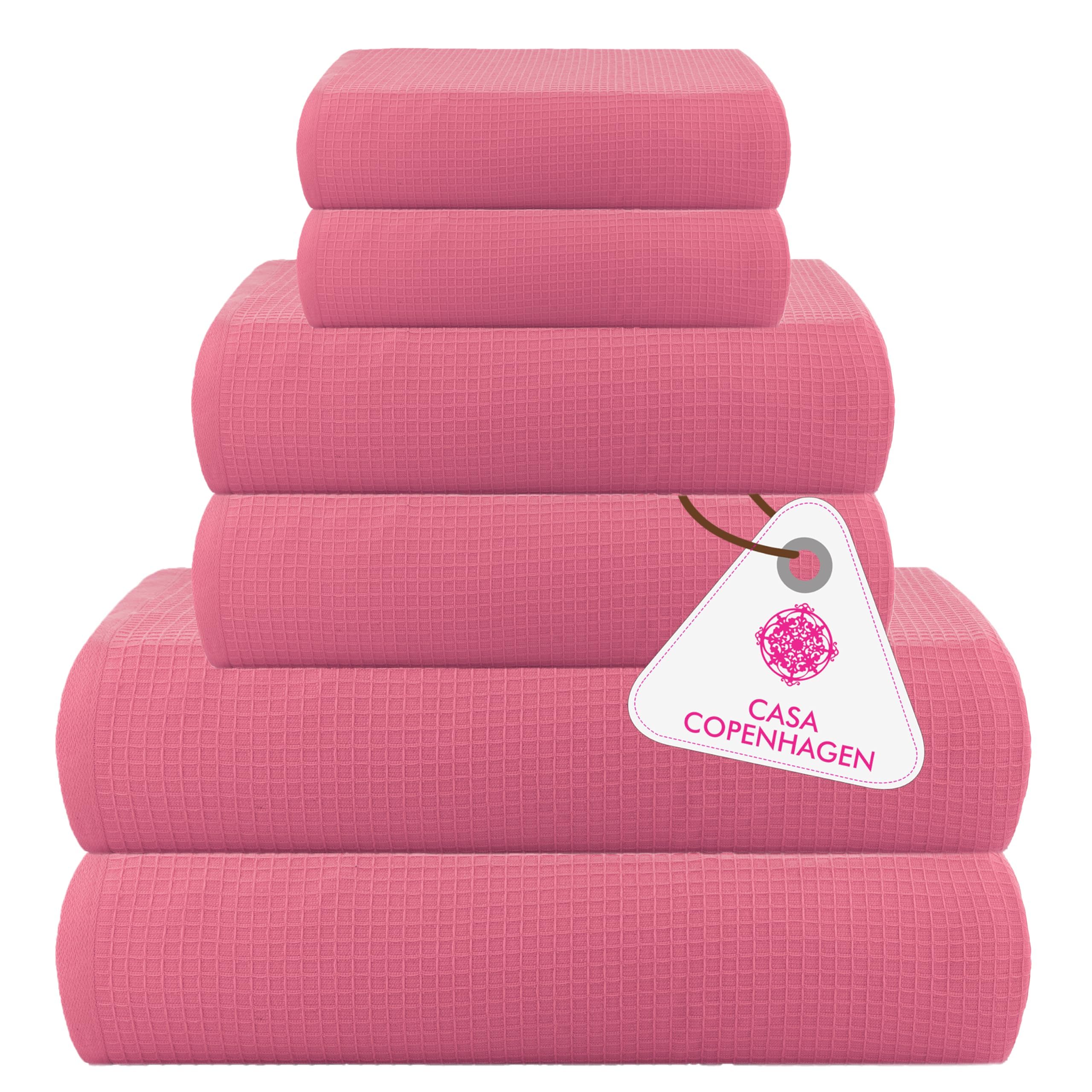 CASA COPENHAGEN Set di 6 asciugamani da bagno, 600 GSM, Rosa | Waffle Set regalo in 100% cotone egiziano: 2 teli da bagno, 2 asciugamani viso, 2 panni per il viso (per uomo e donna)