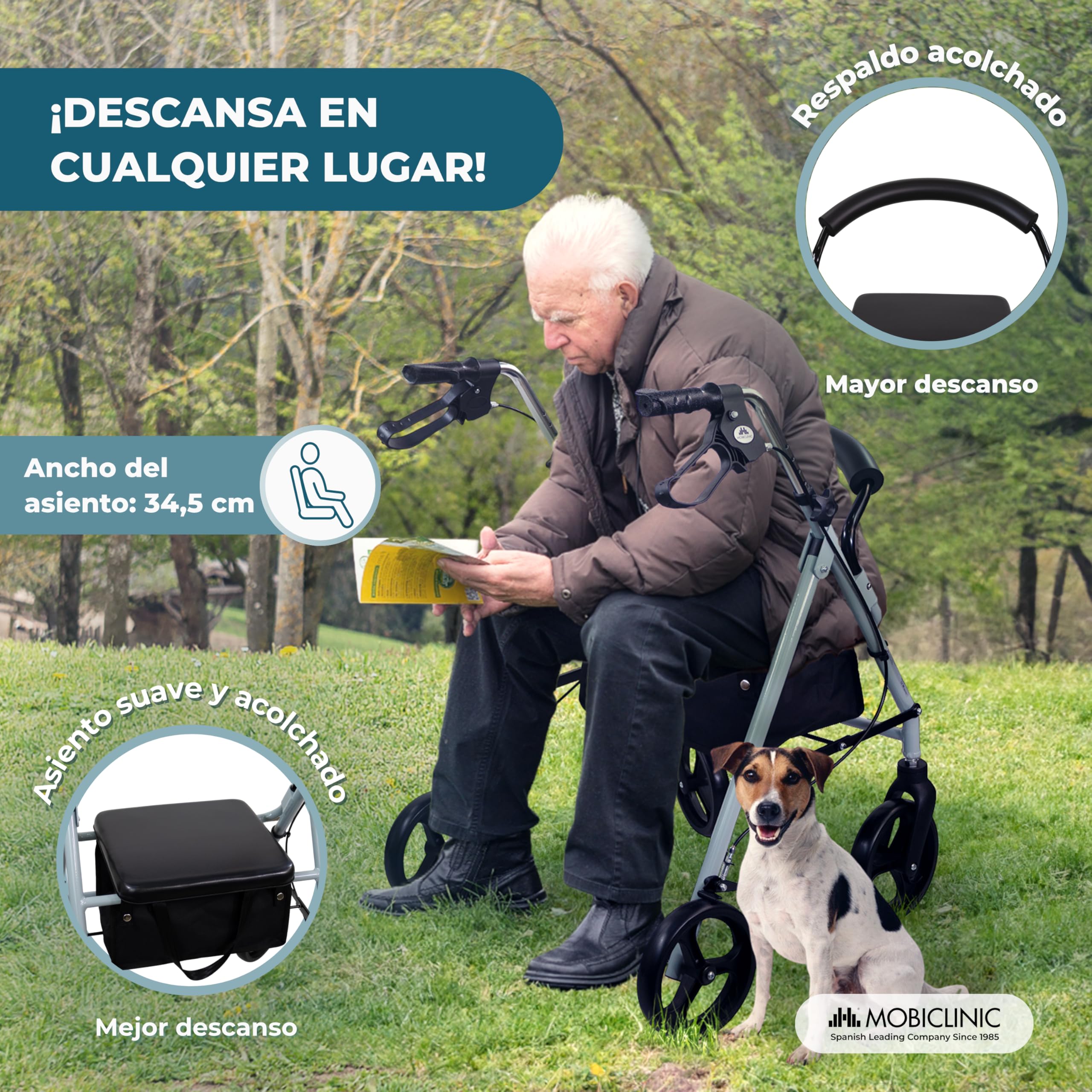 Mobiclinic®, Andador para ancianos, Ruedas grandes calle, Plegable, Con cesta de tela y asiento, Fabricado en aluminio, Ligero, Resistente, Freno manetas, Marca española, Modelo sofía, Gris