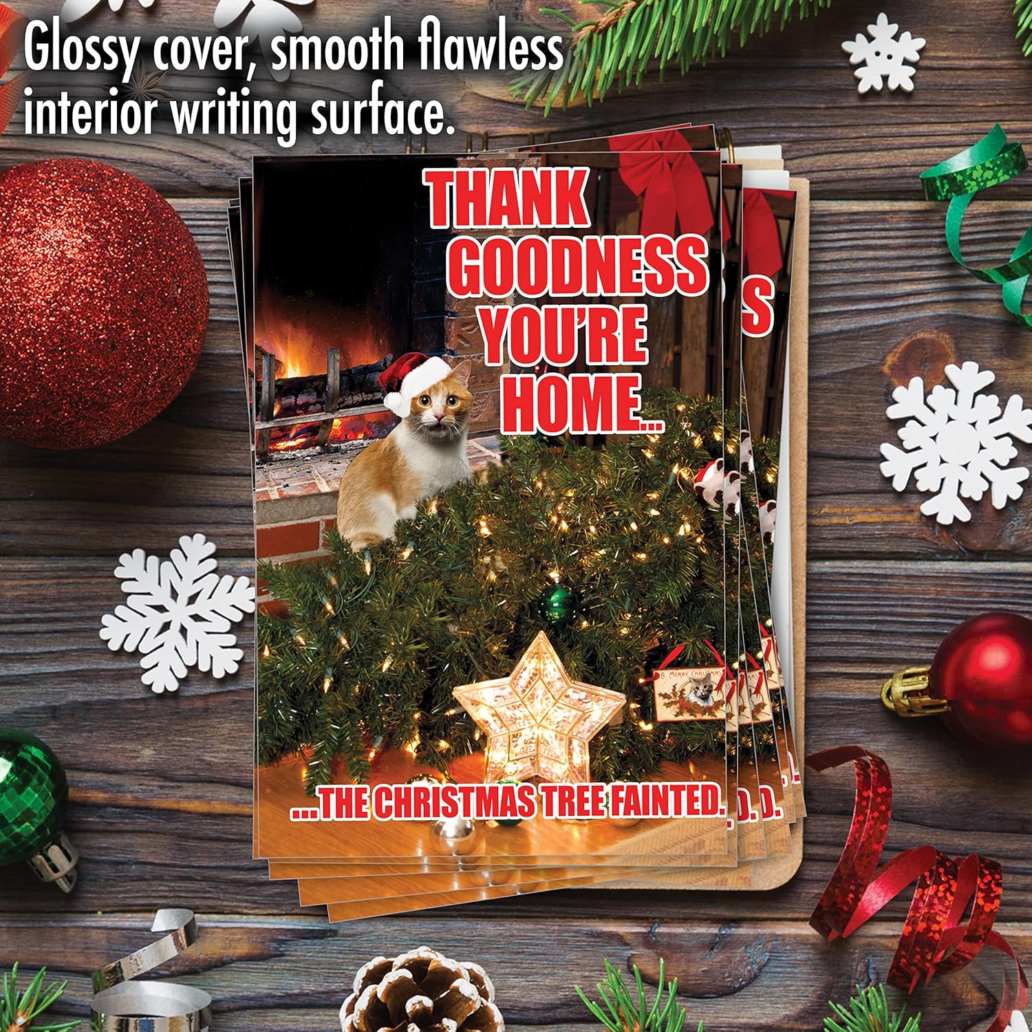 NobleWorks - 12 Boxed Christmas Greeting Cards Funny - Animal Humor Cards for Christmas, Holiday Bulk Set (1 Design, 12 Cards) - Tree Fainted Cat B2546XSG