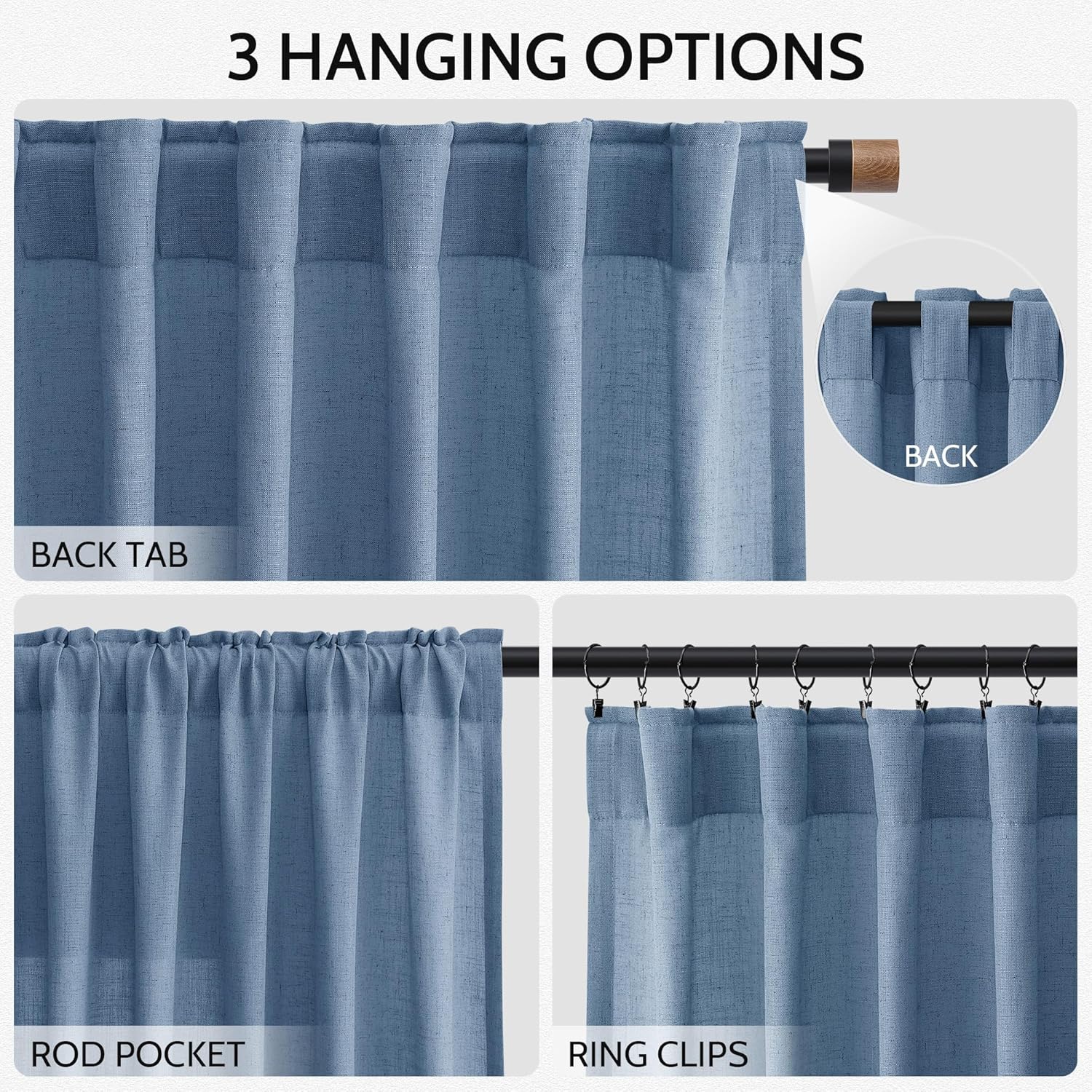 Stone Blue Linen Curtains 90 Inch Length for Bedroom Living Room Back Tab Rod Pocket Light Filtering Semi Sheer Modern Farmhouse Coastal Decor Curtain Cotton Textured Gauze Drapes for Office 52x90 52"W x 90"L (Pack of 2) Stone Blue