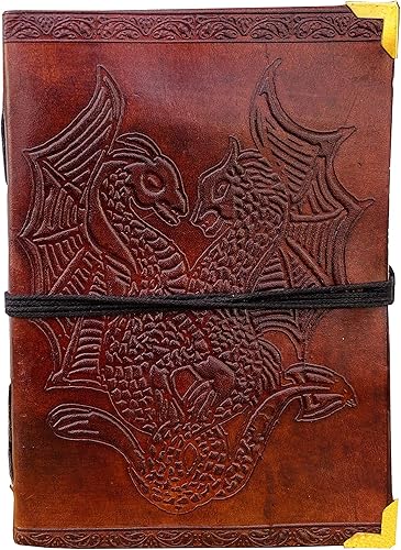 Miniatura 9 de AzureGreen Libro de páginas en blanco de doble dragón hecho a mano de piel para escribir sin forro, 8 x 6