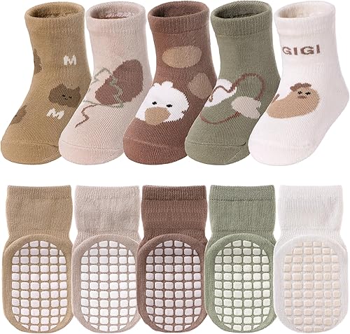 TRUEHAN 5 pares de calcetines antideslizantes para niños pequeños con agarres, calcetines para bebés para niños y niñas