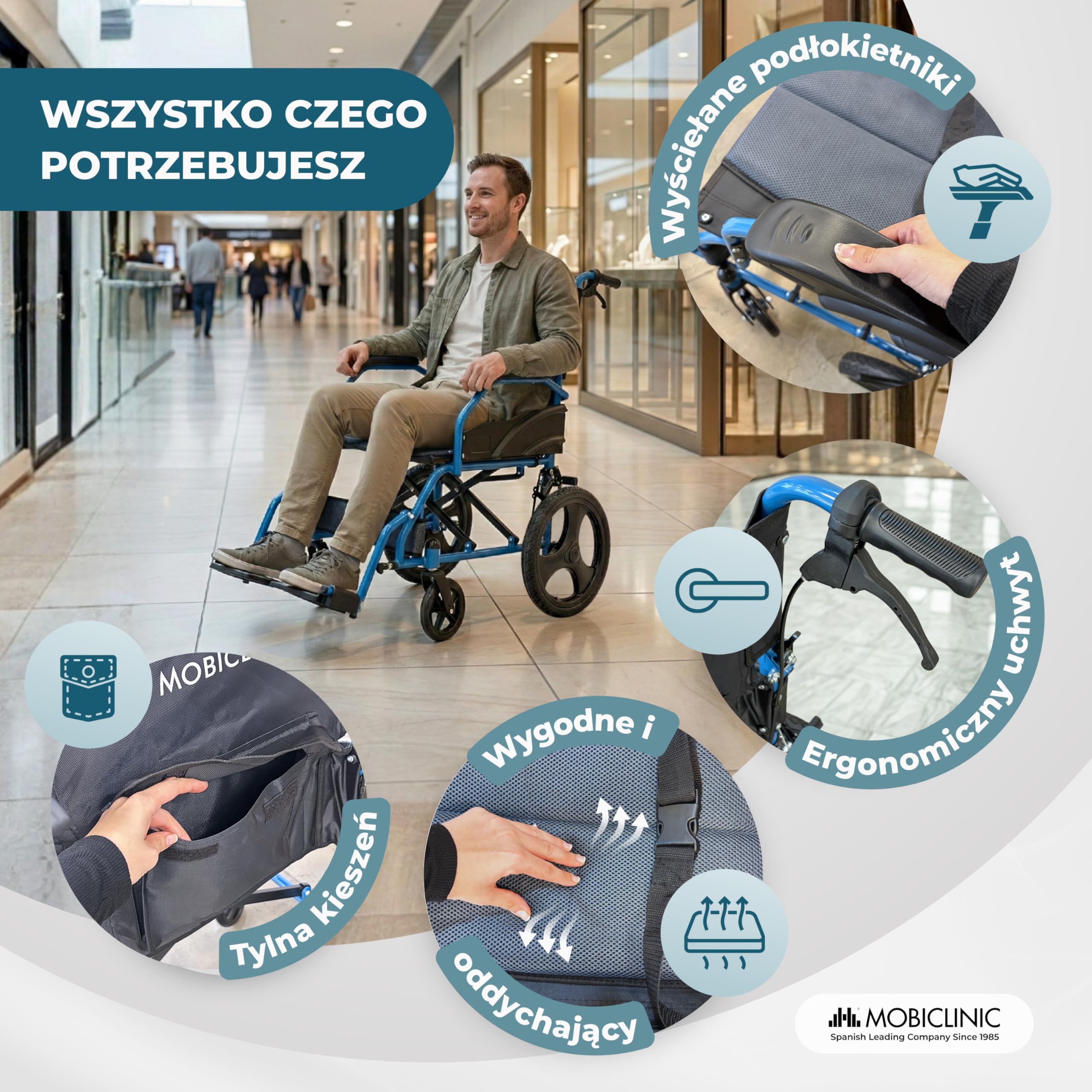Mobiclinic®, Składany Wózek Inwalidzki, Wózek Inwalidzki Transit, Składane Oparcie, Składane Podnóżki, Podwójny System Hamowania, Wzmocniona Stal, do 100 kg, Lekki i Kompaktowy, Faraón