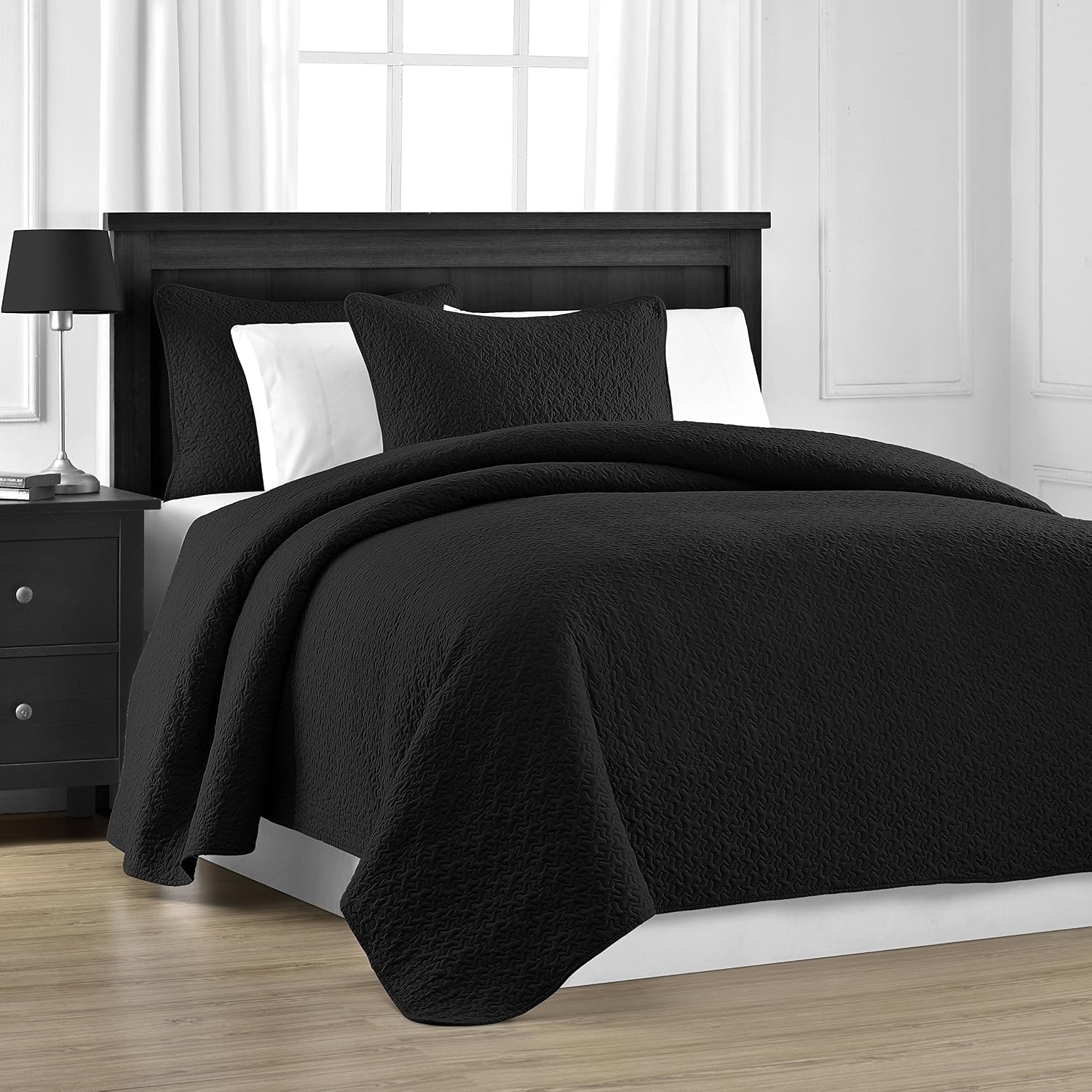 Comfy Bedding Prewashed Durable Jigsaw Quilted 3-Piece Bedspread Coverlet Set (King/Cali King, Black)