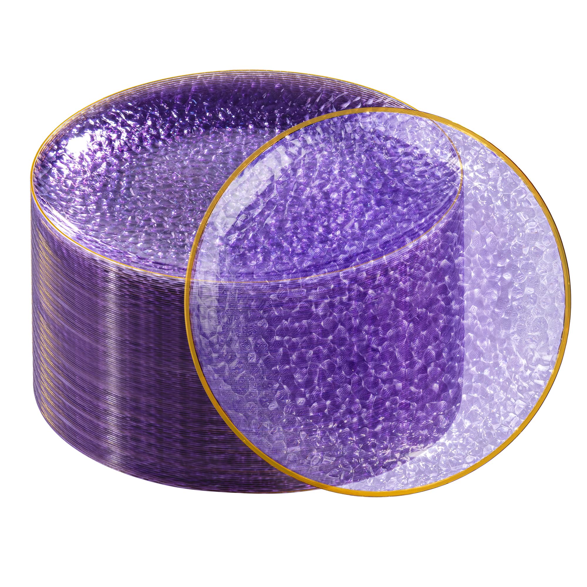 Photo 1 of DaYammi 100 Pcs Purple Gold Plastic Plates - 10 inch Clear Purple Gold Dinner Plates - Hammer Pattern Design - Fancy Disposable Plate - Heavy Duty Party Plate Ideal for Wedding