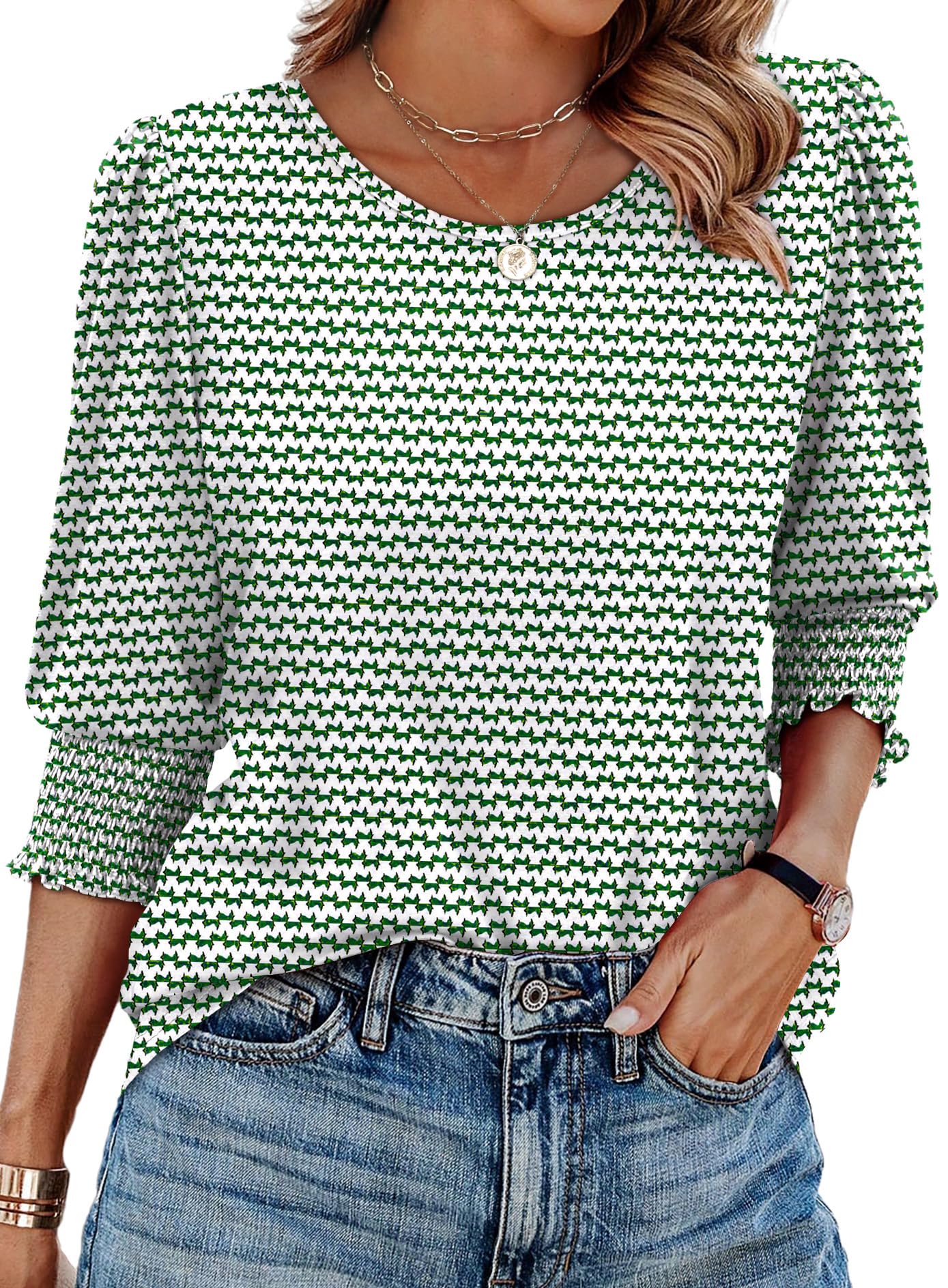 XIEERDUO Blouses for Women Dressy Casual 3/4 Length Sleeve Womens Tops with Smocked Cuffs