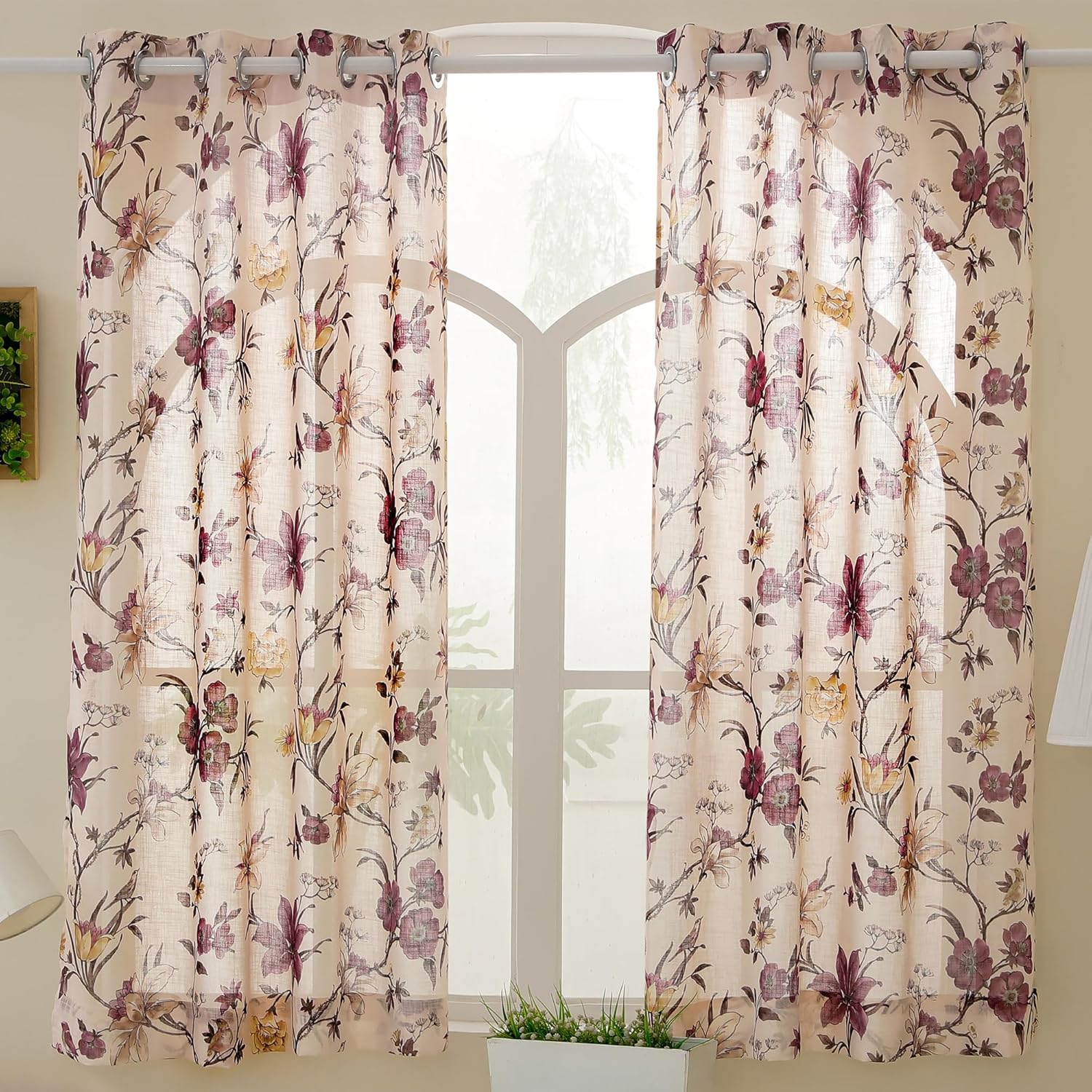 Story@Home Window Sheer Curtains 5 Feet Set of 1 | Floral Printed | Semi Transparent Curtain | Net Curtains | Curtain for Living Room | (118 x 152 cm, Cream & Purple) | Perfect for Home Decor